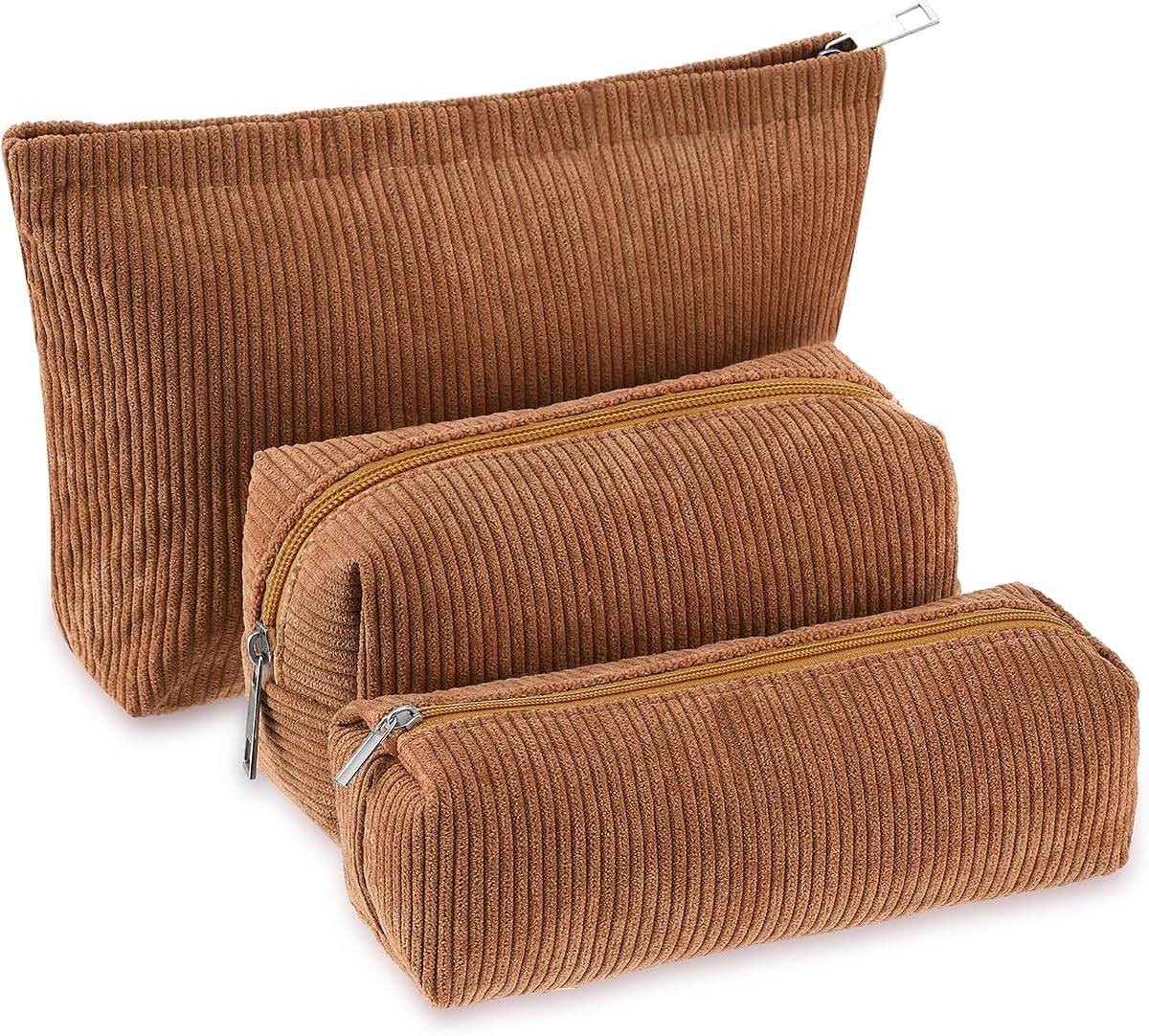 Huhumy 3 Pcs Corduroy Makeup Bag Set for Women Cute Pencil Case, Brown;Solid Style