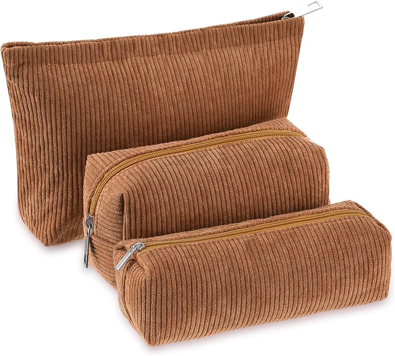 Huhumy 3 Pcs Corduroy Makeup Bag Set for Women Cute Pencil Case, Brown;Solid Style