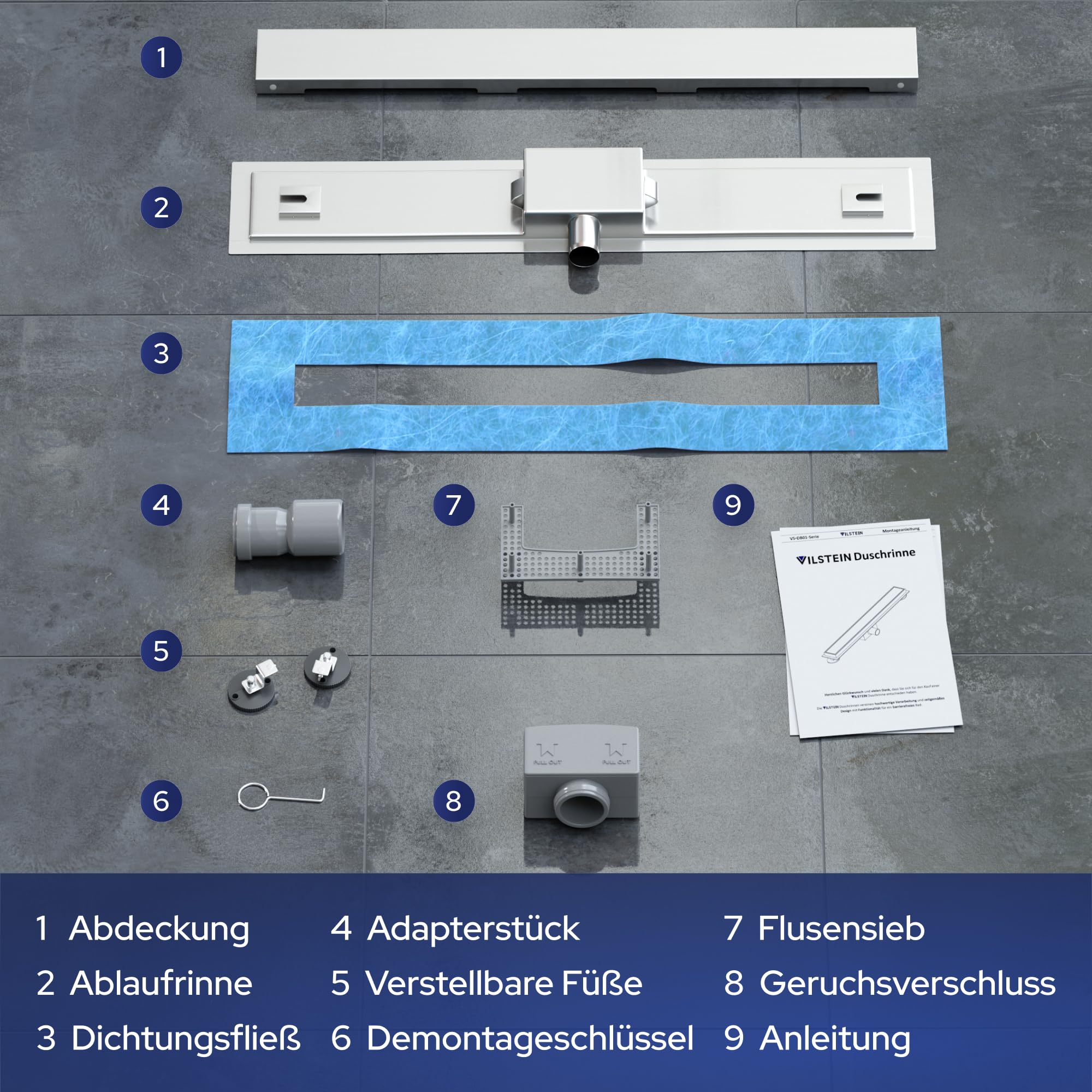 VILSTEIN® Duschrinne Edelstahl Extra Flach [80CM] - Bodenabfluss Dusche Komplettset - Ablaufrinne Dusche - Duschabfluss - Siphon mit Geruchsstop & Haarsieb - Randablauf - Duschablauf