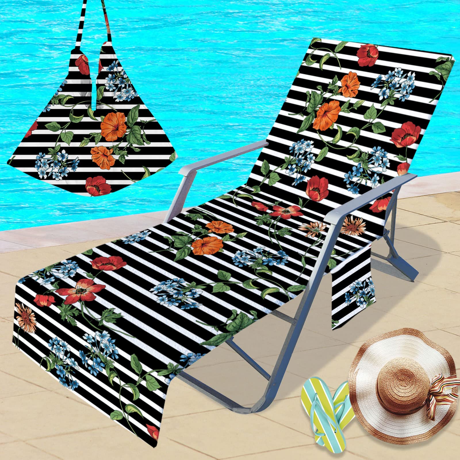 Morbuy Sun Lounger Beach Towel with Pockets, Stripes Pattern Beach Lounger Towel Beach Chair Cover Towel Fitted Microfiber Sunbed Towel Sun Lounger Towels for Summer Vacation (Flowers)
