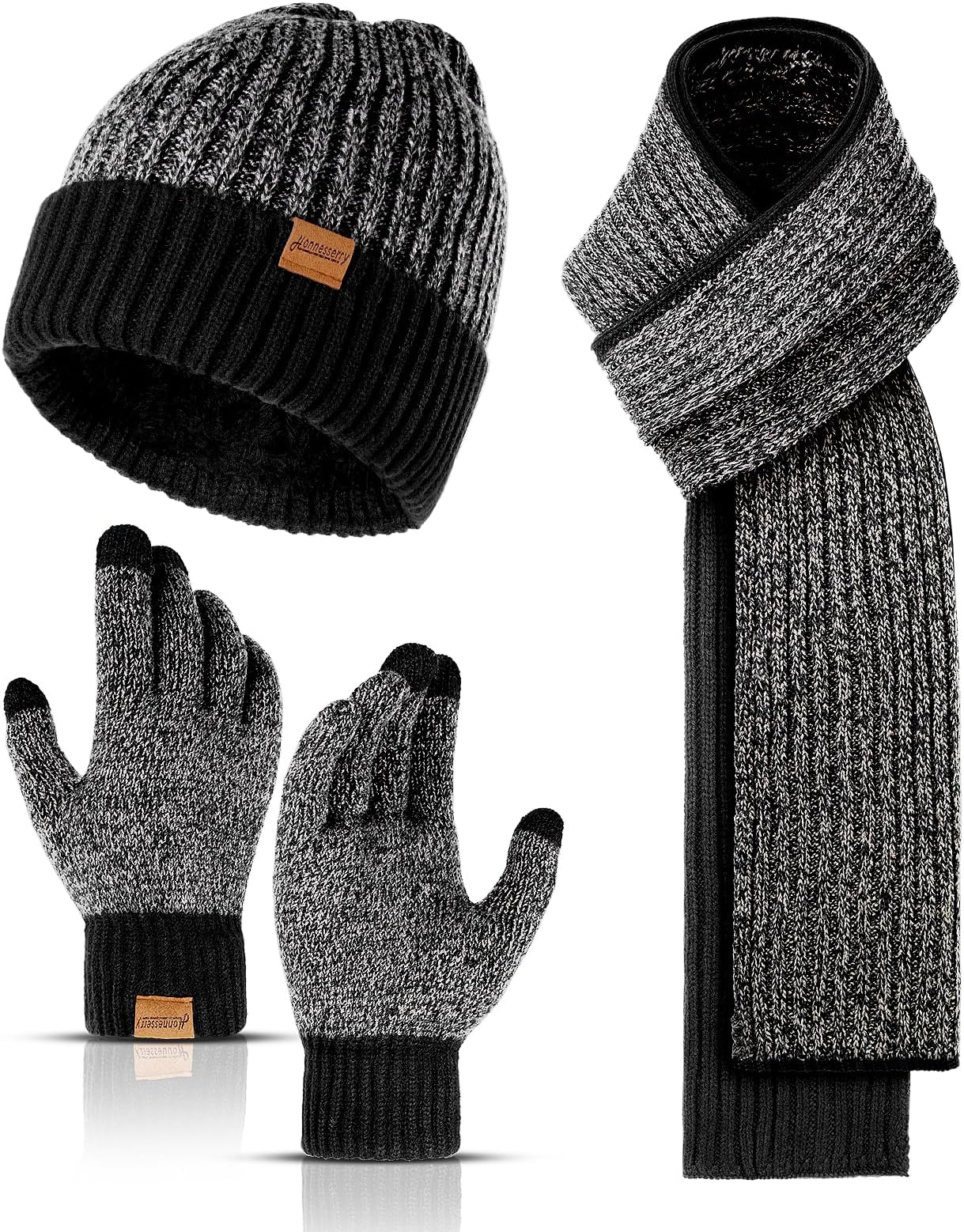 Winter Beanie Hats for Men Long Neck Scarf and Touchscreen Gloves Set with Fleece Lined Skull Caps Gifts for Men