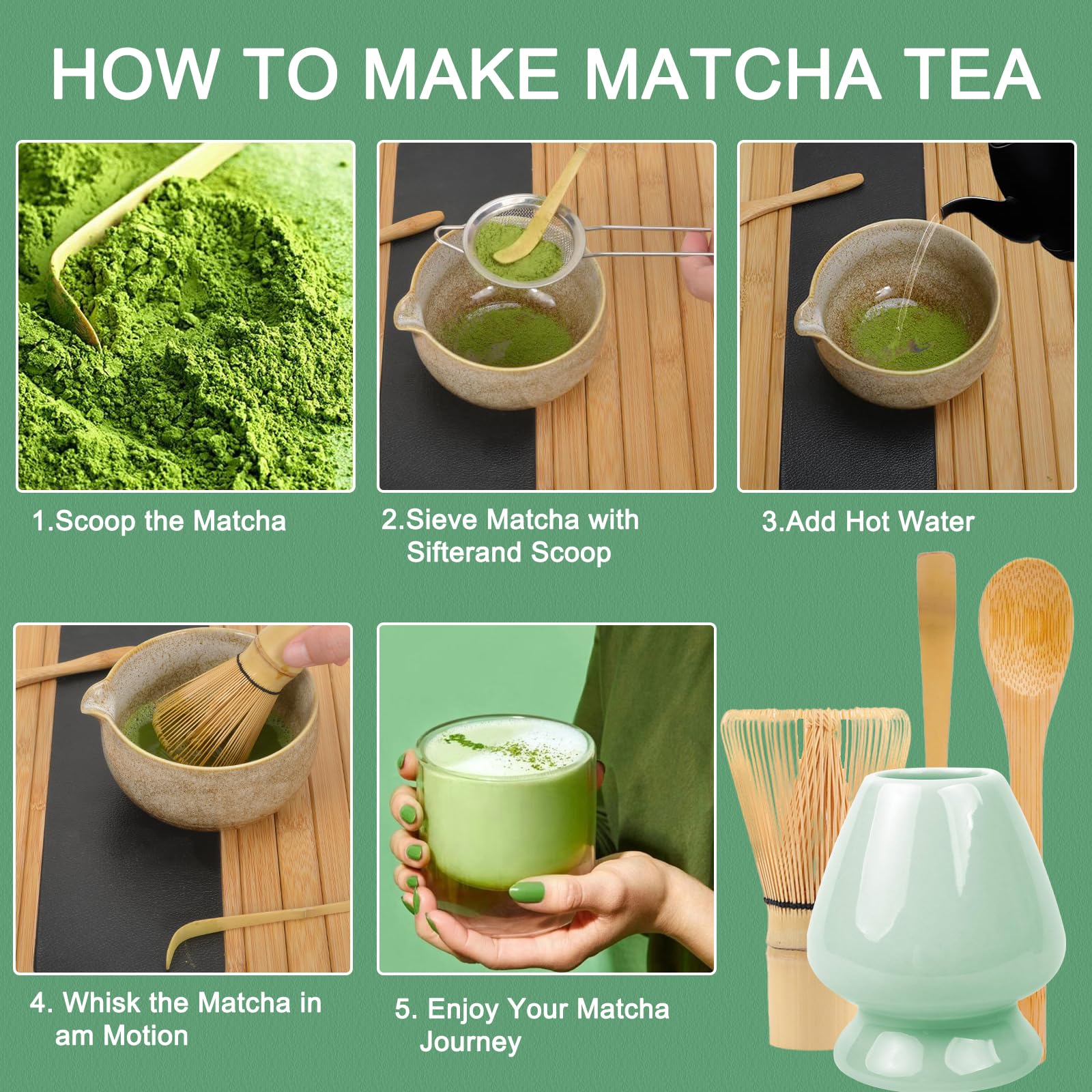 Matcha set – Te matcha kit – Batidor bambu te matcha – Juego de 4 piezas con cuchara de matcha y soporte de cerámica para batidor – Ideal para preparar matcha y ceremonias del té (color cian)