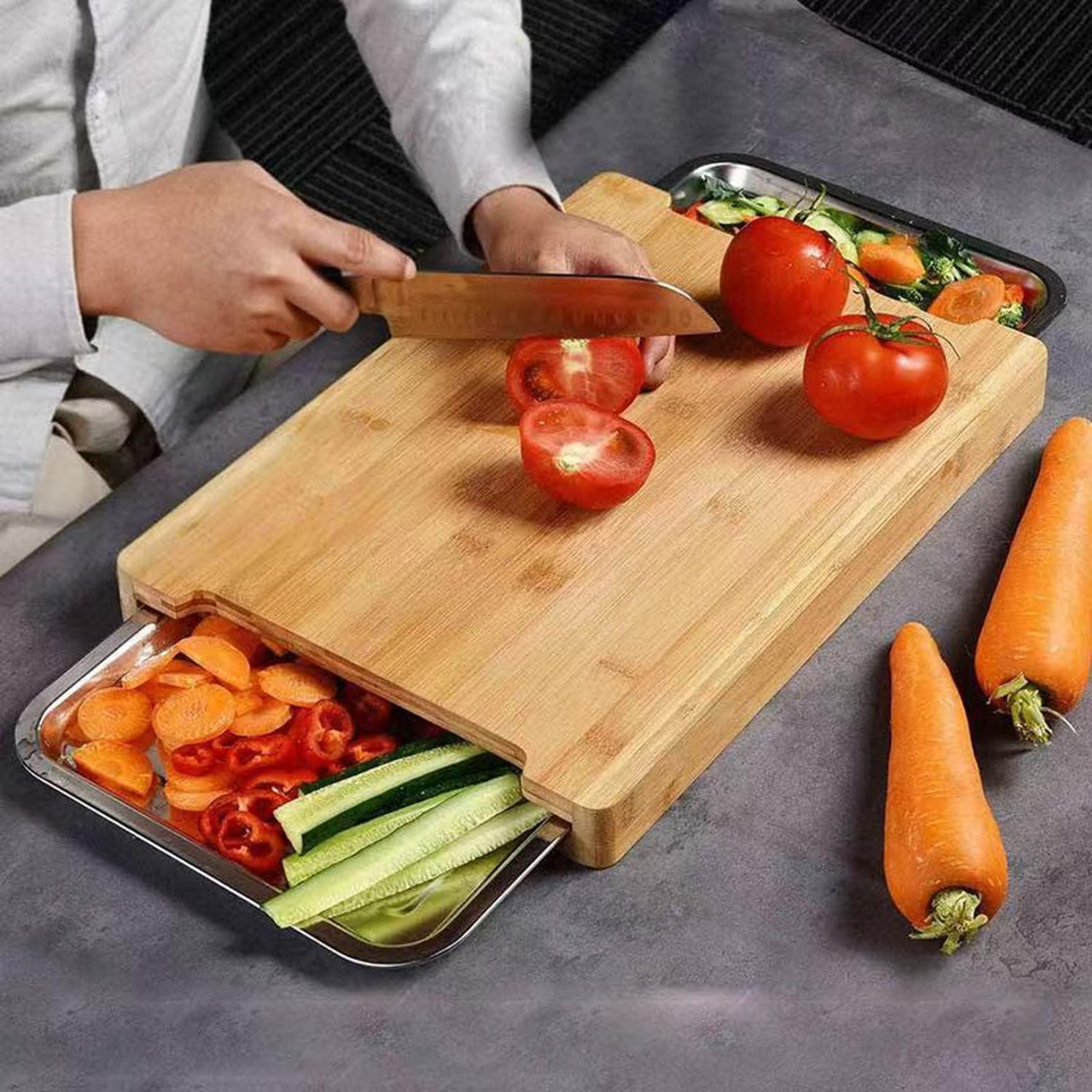 Tabla de cortar de bambú natural con bandeja deslizante antideslizante, práctica herramienta de cocina para cortar, cortar y tallar, ecológica y de diseño