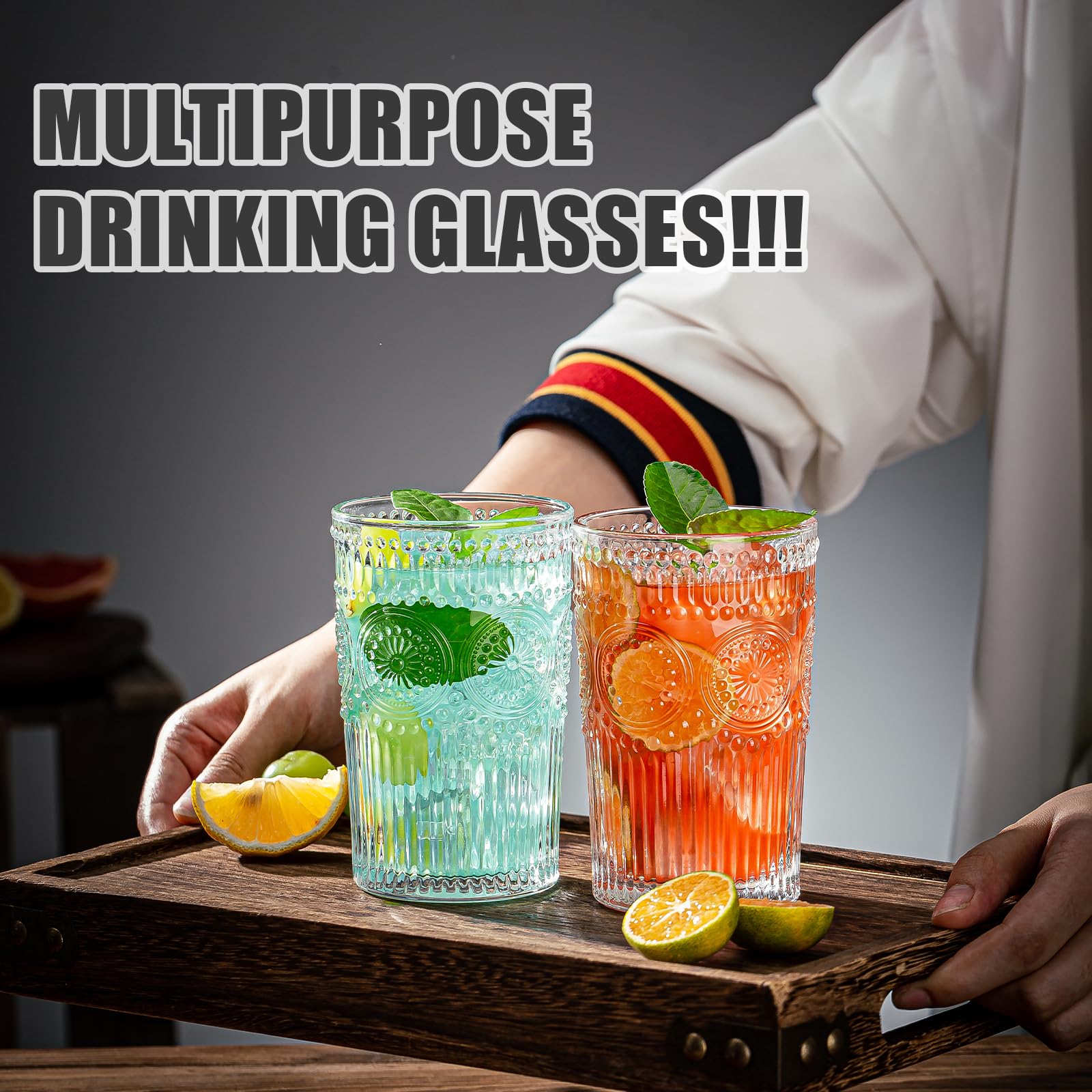Juego de 8 vasos de cristal vintage de 13.5 onzas, duraderos para cócteles, agua, jugo, cerveza, vino, edición especial, vajilla, apto para lavavajillas