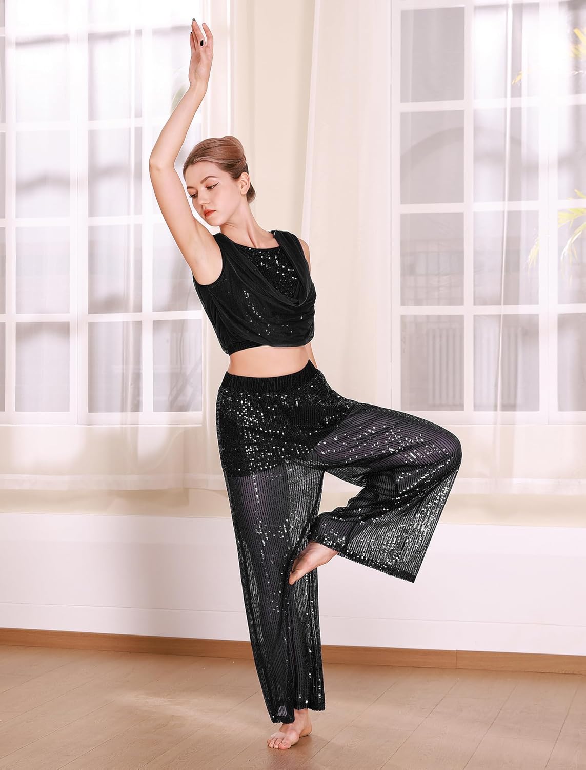 ODASDO Women Lyrical Dance Costumes Modern Contemporary Dancewear Draped Front Tank Top Sequin Wide Leg Pants 2pcs Set - Image 3