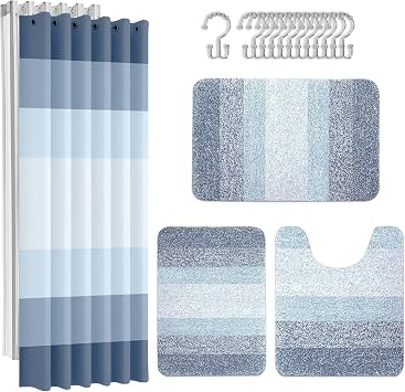 Britimes Bathroom Sets with Shower Curtain and Rugs, 4 Pcs, Blue Ombre | Striped Modern Minimalist Decor with PEVA Waterproof Curtain Liner, Soft Non-Slip Bath Mats and Accessories 12 Hooks