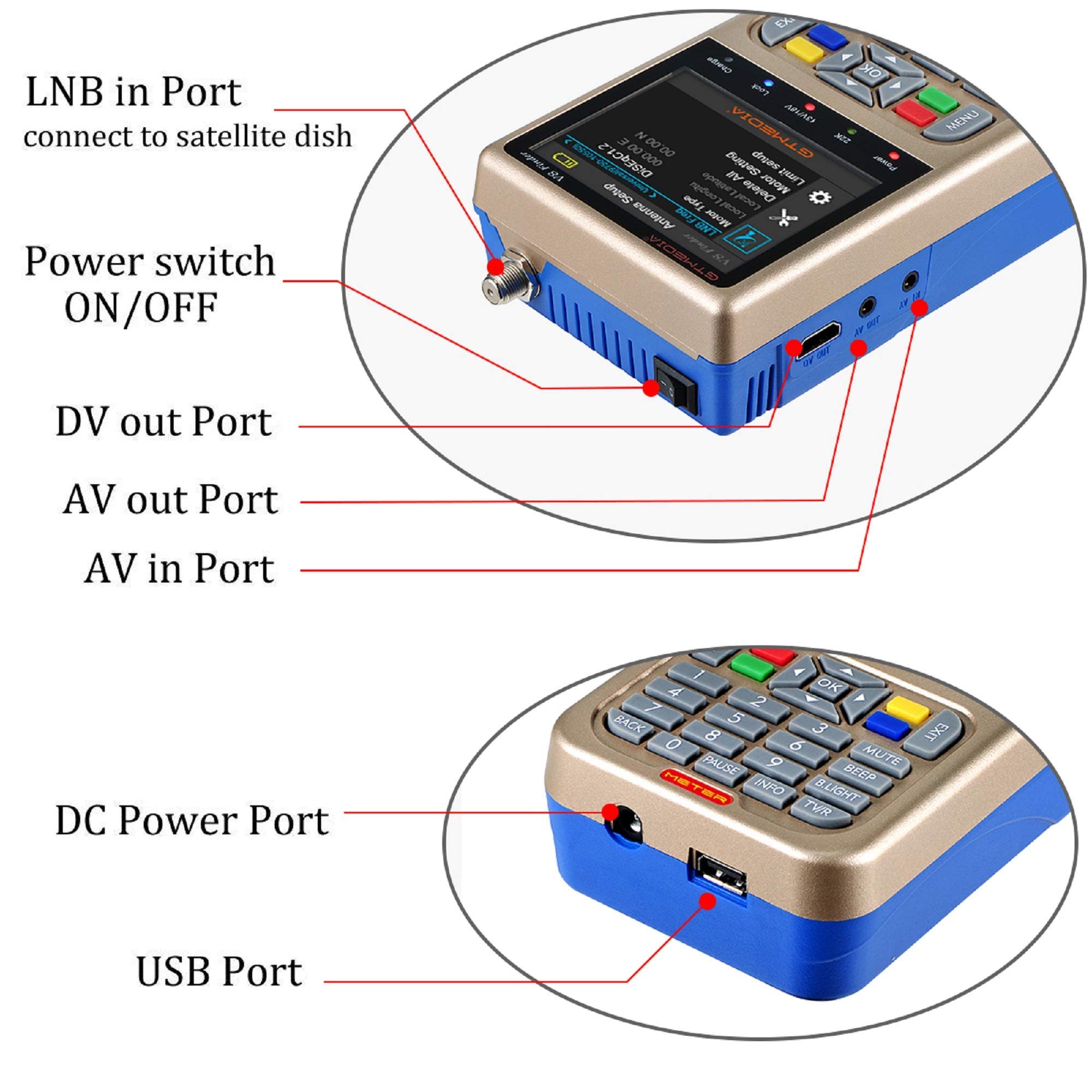 GT MEDIA V8 Sat Finder Meter Rilevatore di Segnale Satellitare Sat Detector DVB-S/S2/S2X Con Display LCD Da 3,5" HD 1080P Posizionamento ottimale per parabola Satellite