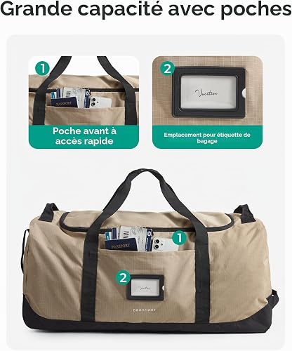 BAGSMART Sac de voyage pliable avec roulettes, 80 l, léger, 3 roues, grand sac de voyage pour homme et femme, peut être enroulé et rangé, gris foncé, 72 x 35 x 33 cm, Sportif - 4