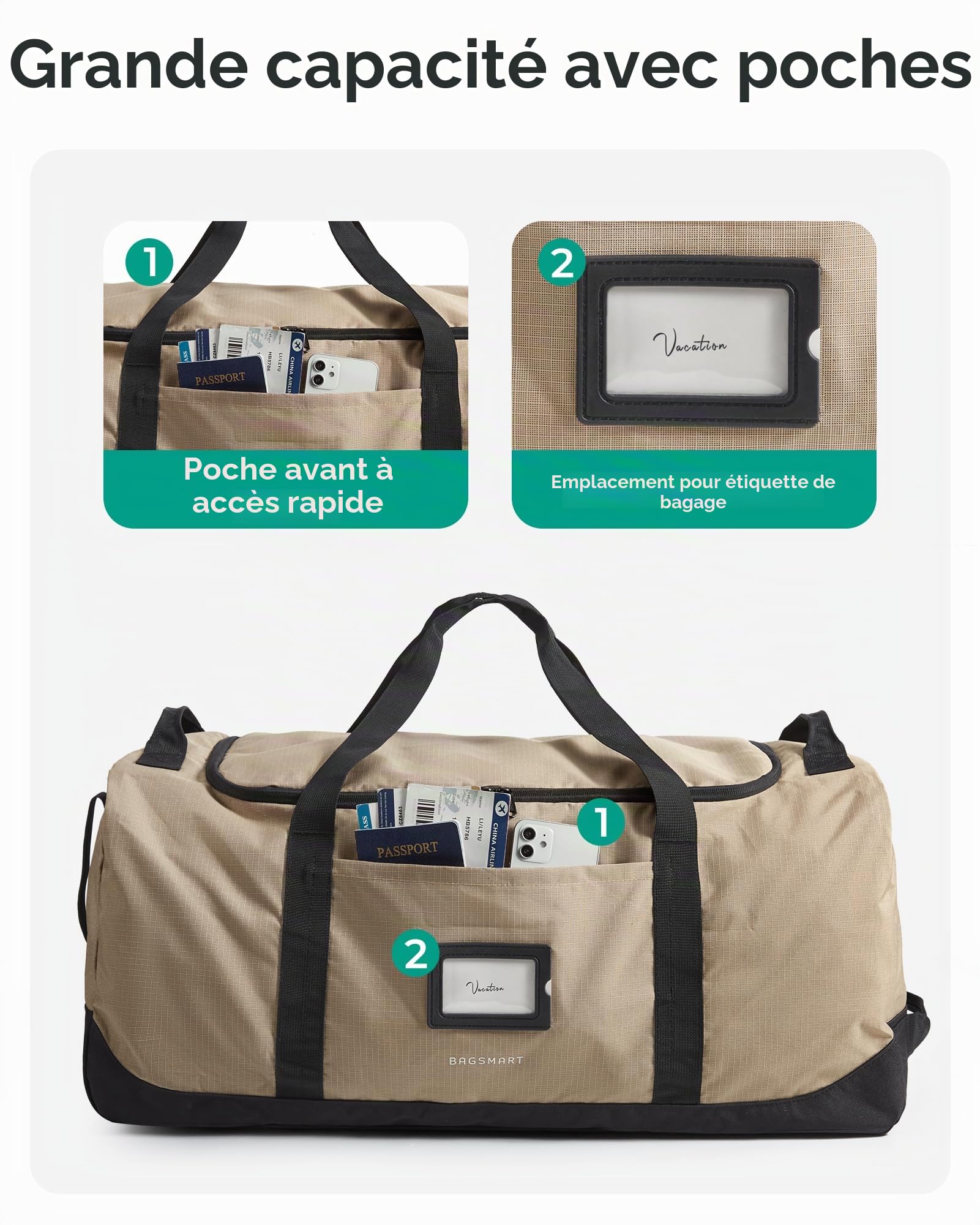 BAGSMART Sac de voyage pliable avec roulettes, 80 l, léger, 3 rouleaux, grand sac de voyage pour homme et femme, peut être enroulé et rangé, marron