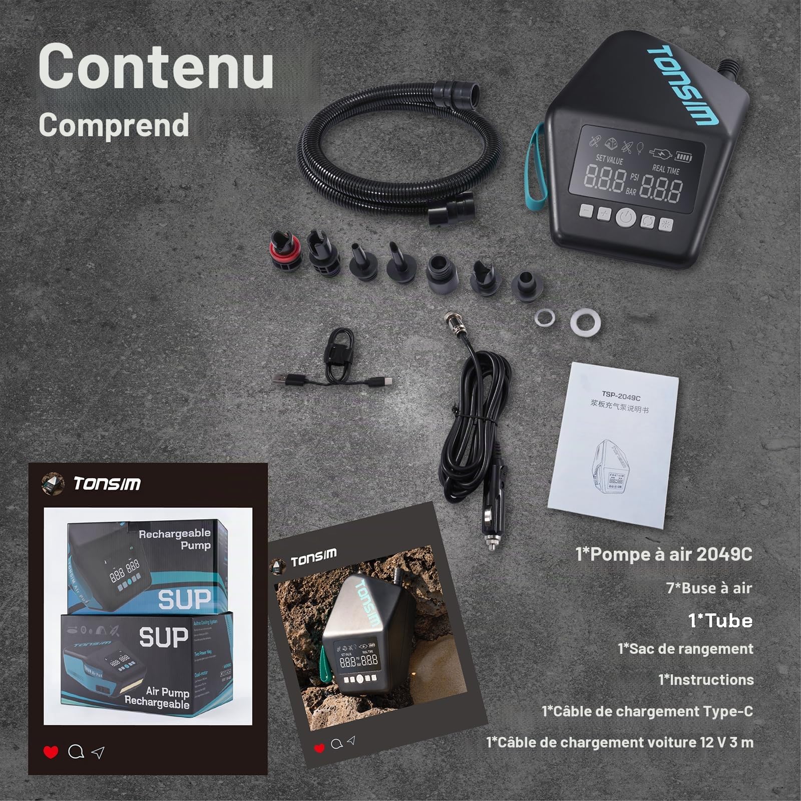 Tonsim Pompe à air électrique avec batterie 20 PSI, pompe à air rechargeable avec 4 modes, gonflage et dégonflage à deux vitesses, connexion voiture 12V-CC, arrêt automatique pour planches à pagaie