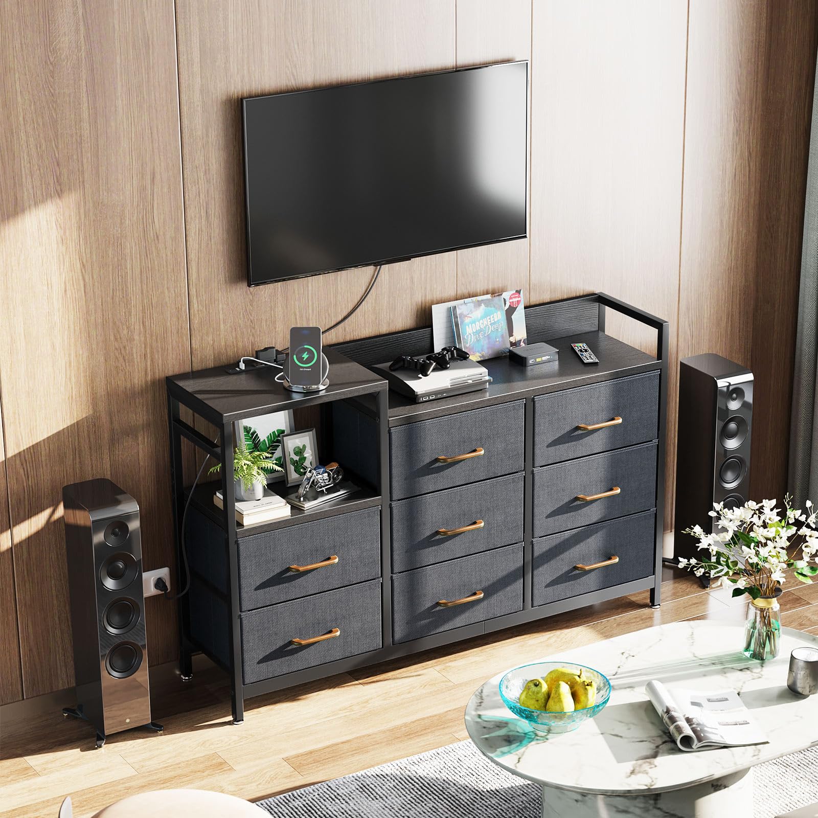 ODK Dresser with Charging Station, Wide Dresser 52'' Long Dresser for Bedroom Dresser with 8 Drawers, Chest of Drawers Easy-Pull Fabric Dressers for Closet, Living Room, Hallway, Black and Dark Grey