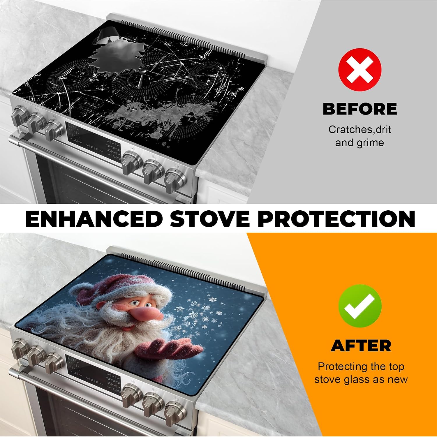 Heat-Resistant Glass Stove Top Cover with Anti-Slip Rubber Coating – 28.5x20.5 Inch Electric Stove Protector, Scratch-Resistant, Expands Counter Space (Santa Claus Snowflake, 28.5"L x 20.5"W)