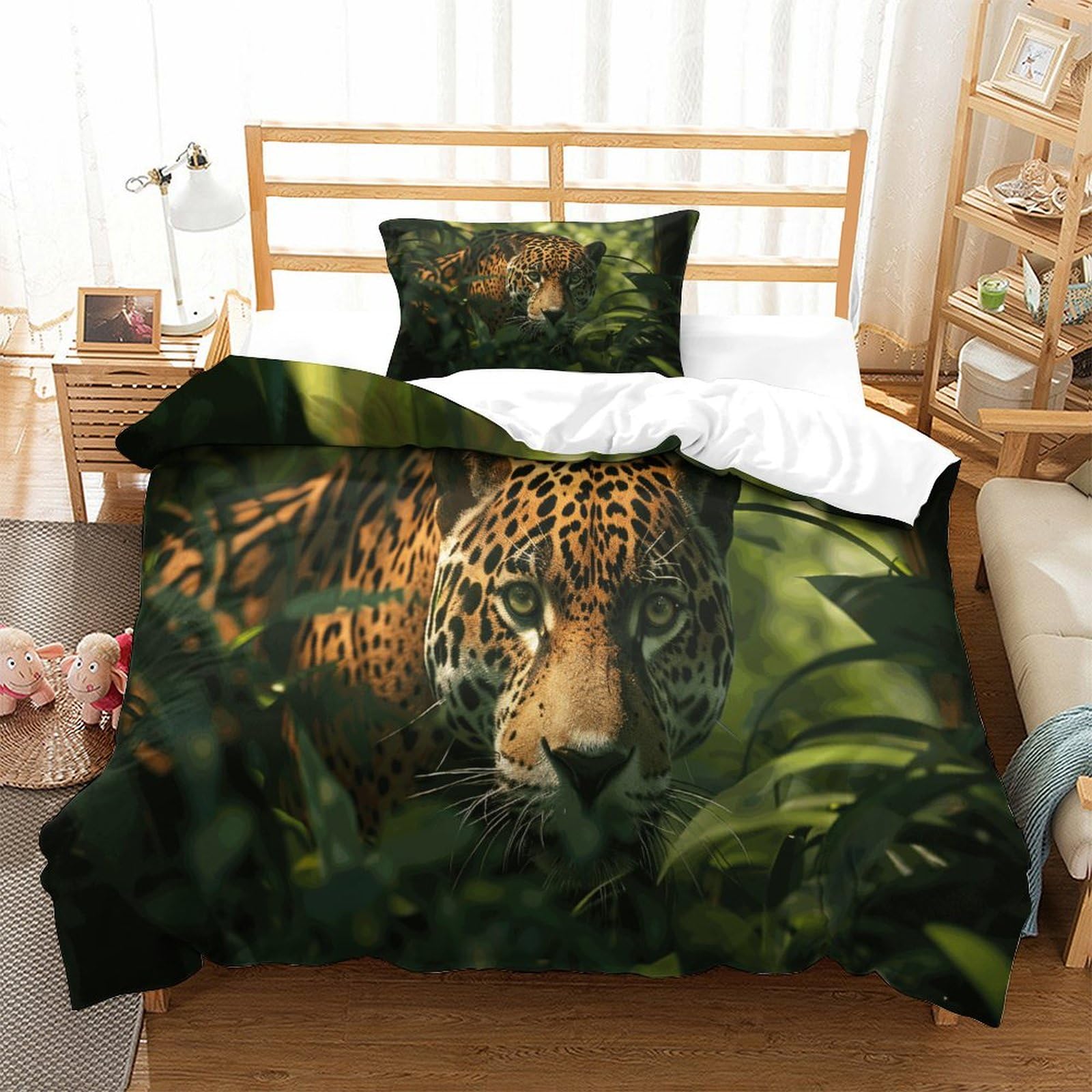 P1s9u7w5y Jaguar-5 Wild Jungle 3D Printed Leopard Duvet Cover Set 3Pcs Microfiber Animal Bedding Set Single（135X200cm）