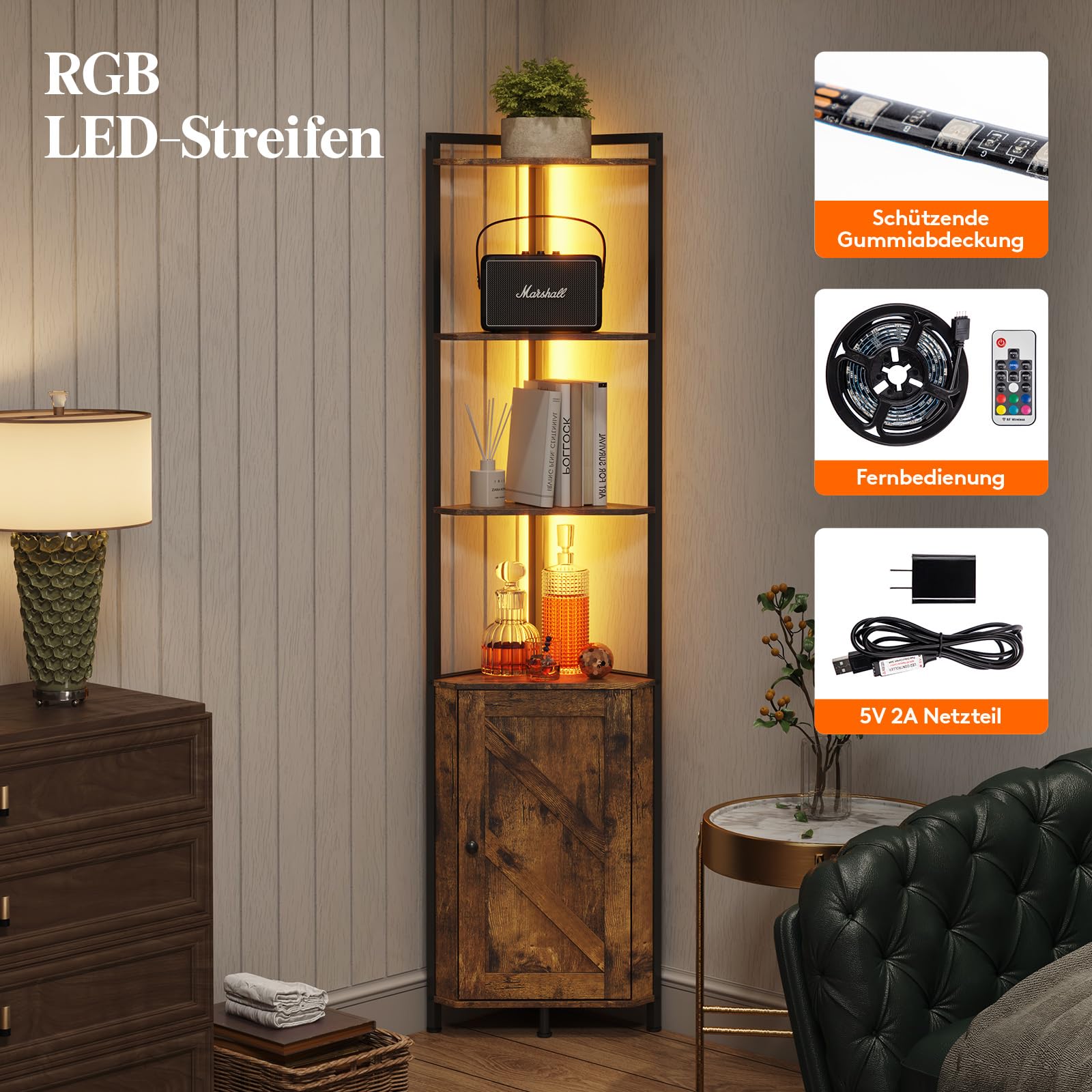 Lifewit Weinschrank Eckschrank 5 Ebenen mit LED Licht, Vintage Barschrank mit verstellbare Einlegeboden, Eckregal mit Stauraum für Bar, Küche, Wohnzimmer, Esszimmer, Rustikales Braun