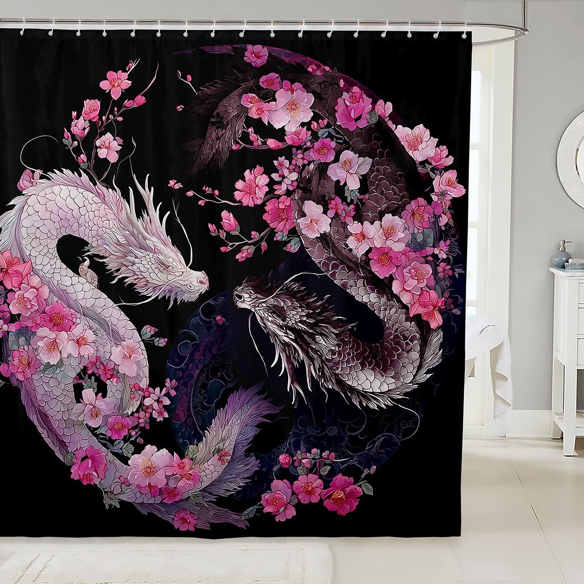 Homemissing Taichi Dragon Shower Curtain 180x240cm Magic Wildlife Dragon Bath Curtain for Bathroom Decor Japanese Style Bathroom Accessories Cherry Blossoms