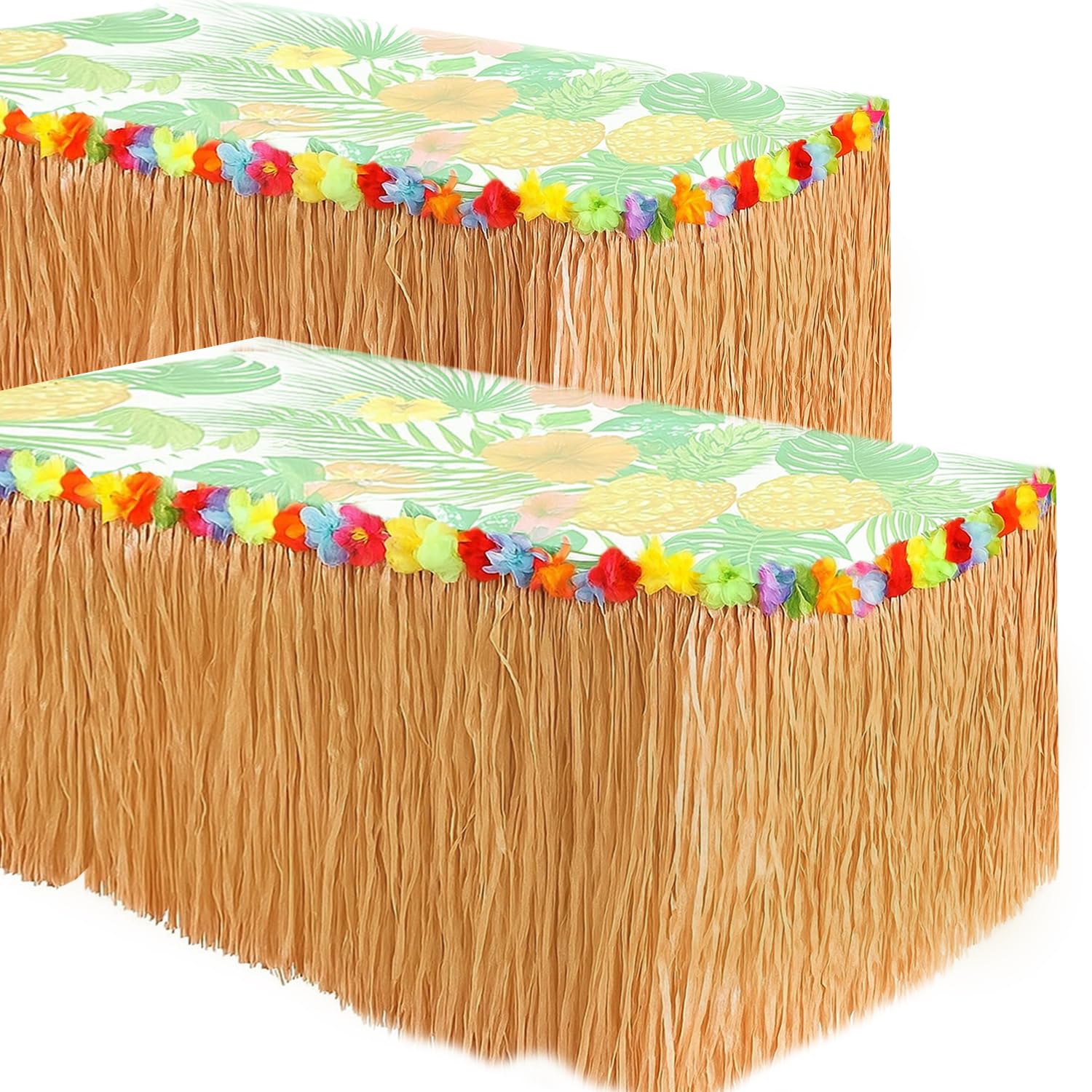 GiftExpress 2 Packs, 9 feet X 29.5" Natural Hay Colored Grass Table Skirt with Hibiscus Flowers for Hawaiian Luau Party, Heritage of Aloha Festival