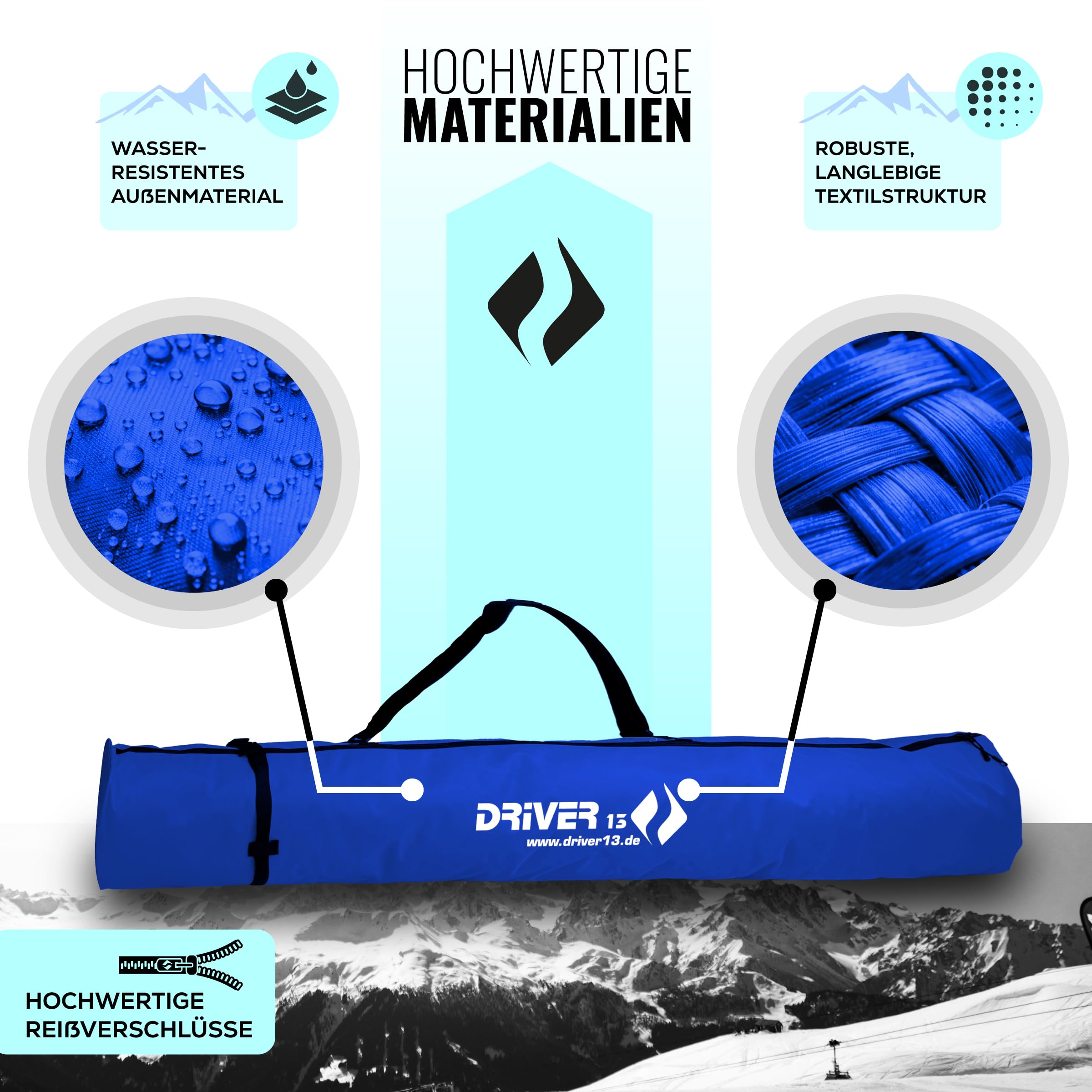Driver13 Skitasche Skisack für Ski und Skistöcke, längenverstellbar, Tasche für Transport und Aufbewahrung beim Skifahren