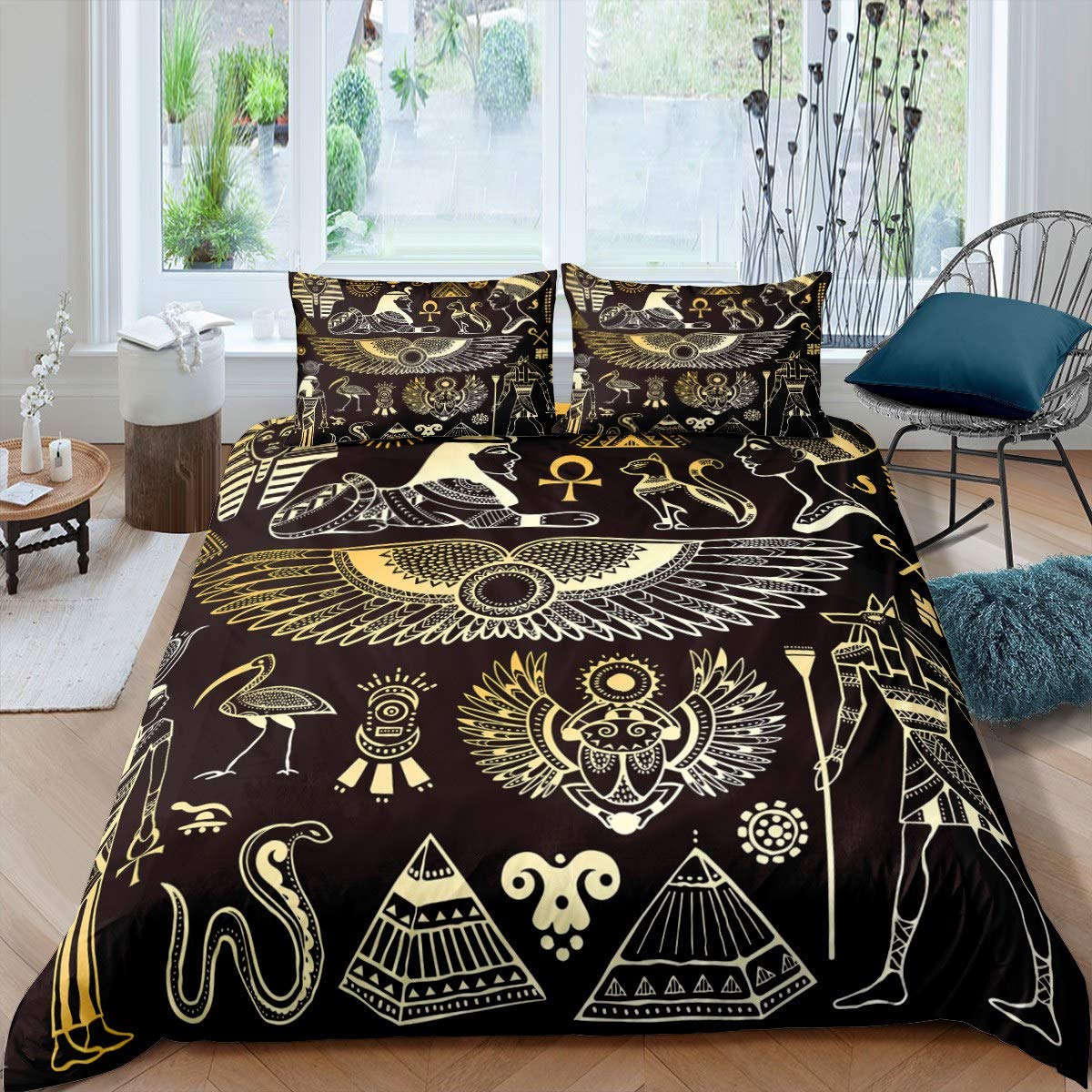 Loussiesd Ancient Egypt Comforter Cover Set for Kids Boys Adults Egyptian Tribe Duvet Cover Pyramid Printed Bedding Set Egypt Culture Quilt Cover Bedroom Decor 3Pcs Bedcloths King Black Golden