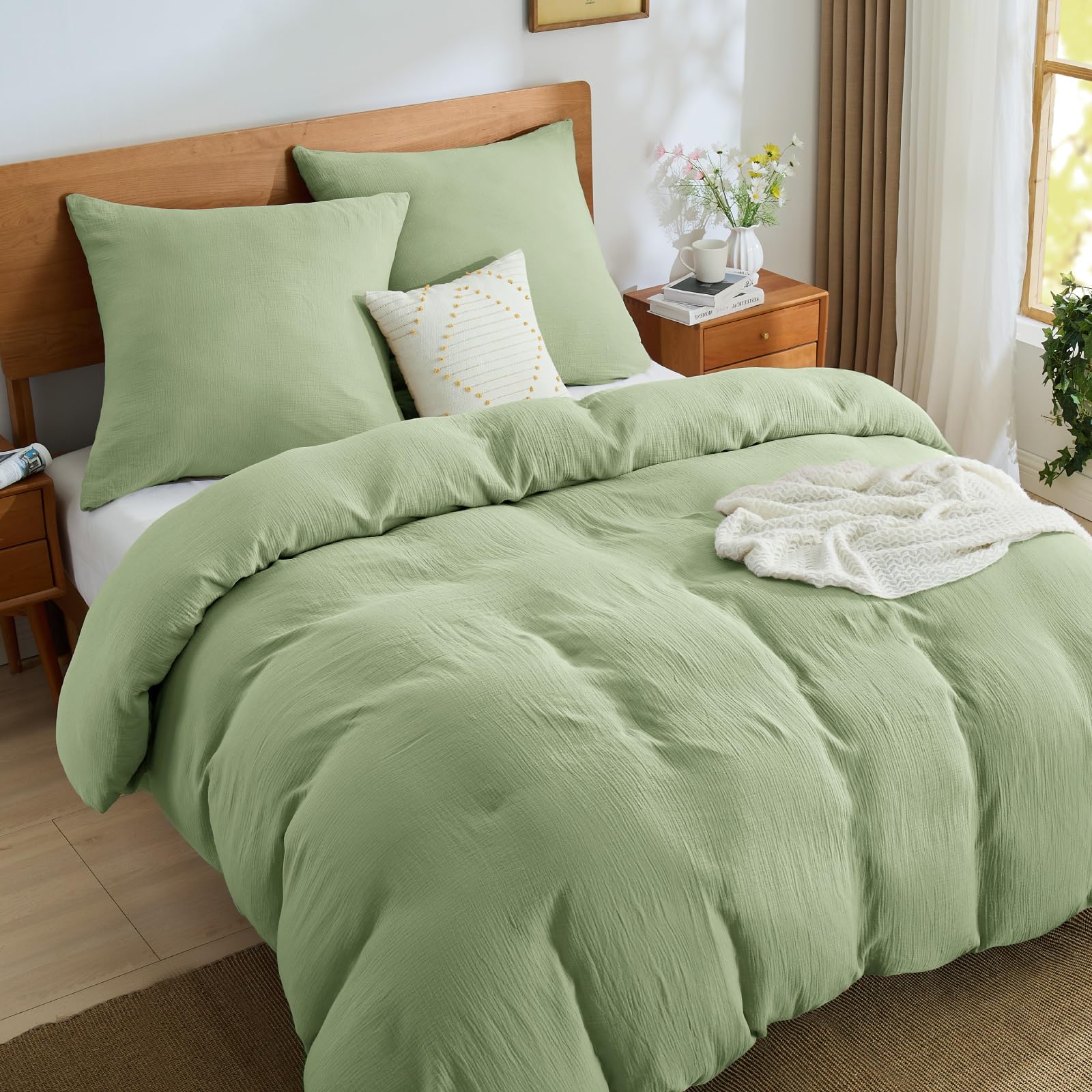 BEDELITE Musselin Bettwäsche 155x220 Baumwolle - ÖKO-TEX Bettwäsche-Sets Grün 3teilig mit Reißverschluss, Bettbezug Hellgrün 155x220cm mit 2 Kissenbezüge 80x80 cm, weiche und atmungsaktiv