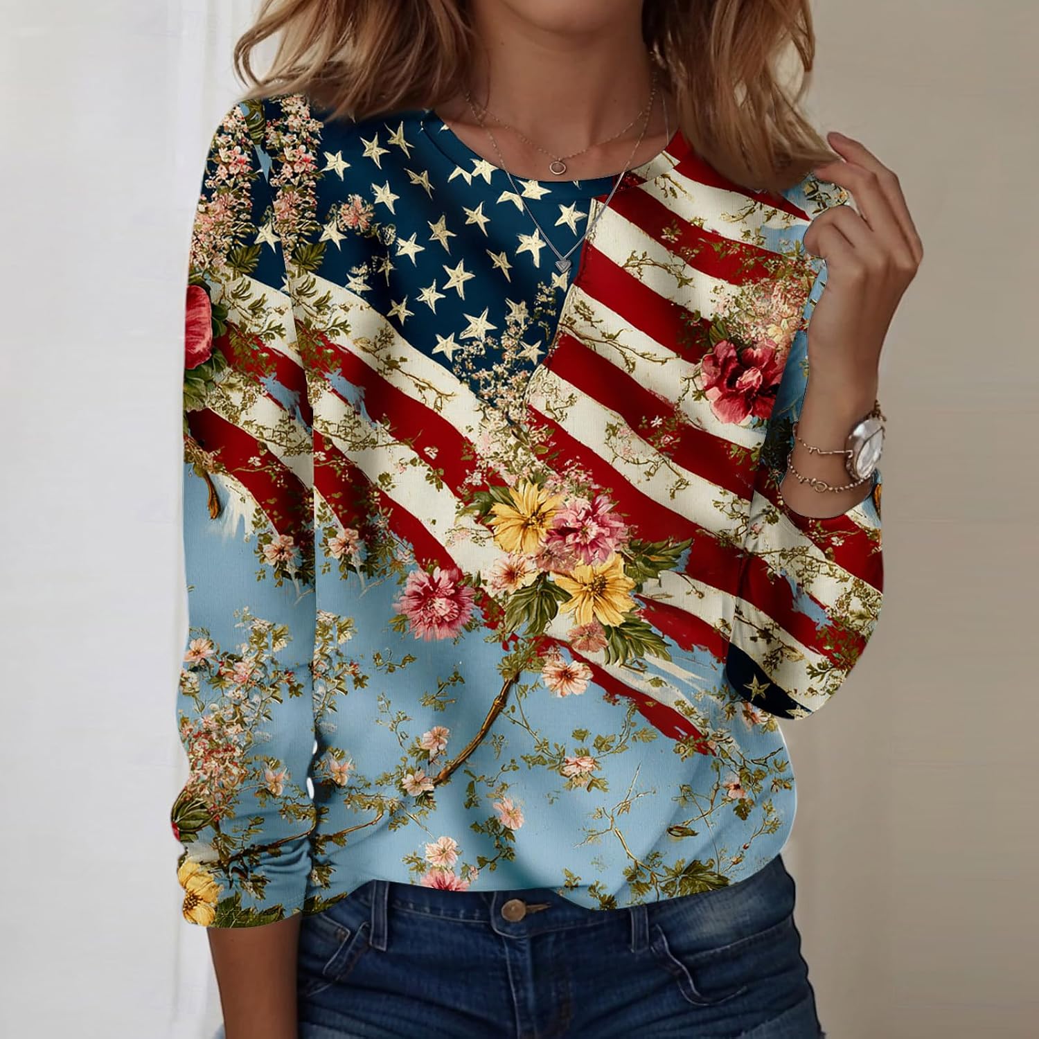 Women's 4Th of July Shirt, Long Sleeve American Flag T-Shirts, Crewneck Patriotic Tops, S-2XL