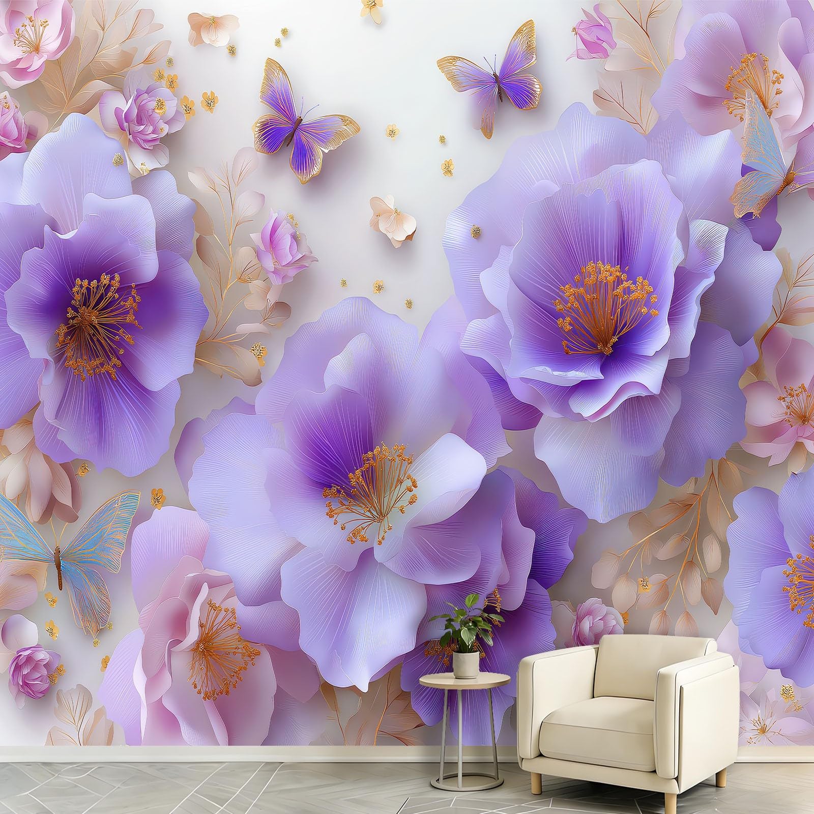 Générique Tapeta z włókniny 3D 300 x 210 cm, tapeta z motywem motyli, gałęzie liści panoramicznych, łatwa do zainstalowania dekoracja ścienna, do salonu, sypialni, kuchni