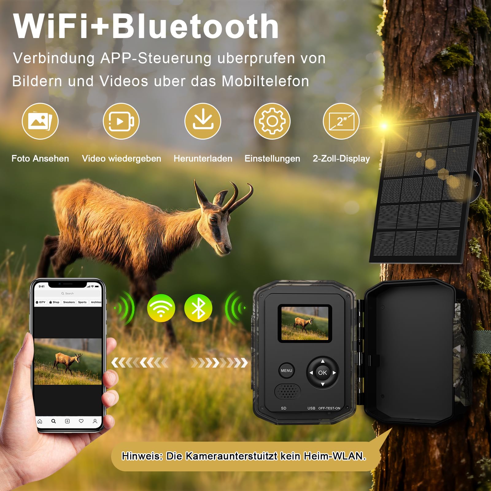 Wildkamera WLAN 5K/64MP mit Wiederaufladbare 10000mAh Akku | Wildtierkamera Solar, Handyübertragung App, Bewegungsmelder Nachtsicht, 32G SD Karte, 0,1s Auslösezeit, IP66