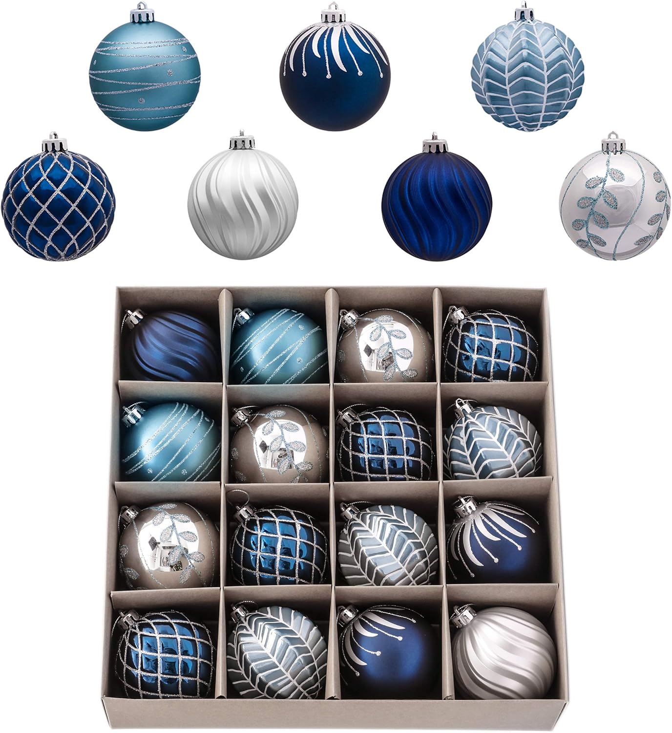 Valery Madelyn 16ct 80mm Winter Wishes Silver and Blue Christmas Ball Ornaments Decor, Shatterproof Christmas Tree Ornaments for Xmas Decoration