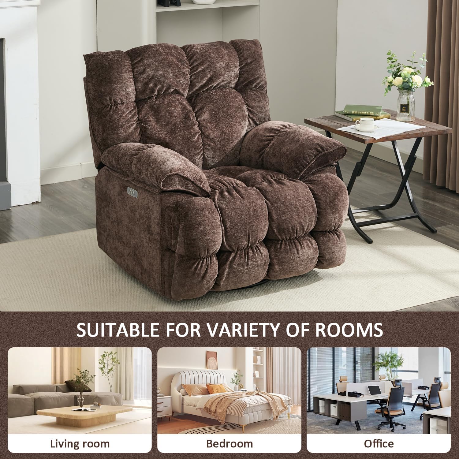 Oversized Rocker Recliner Chair for Adults, Overstuffed Breathable Fabric, Power Extra Wide Big Swivel Rocking Single Sofa for Living Room (Brown)