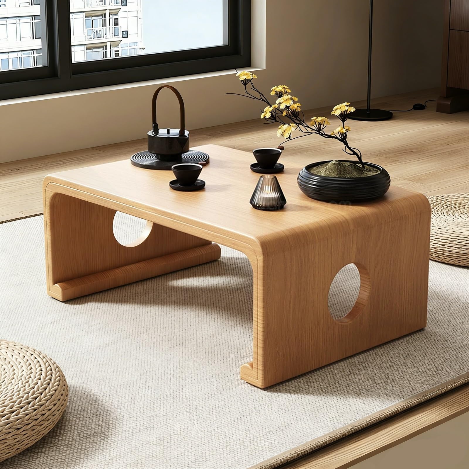 Japoński Stolik Podłogowy, Japoński Stolik Kawowy, Lite Drewno, Grubość 3 cm, do Salonu, Jadalni, Sypialni, Pokoju Dziennego, Tatami(Yellow,60x40x30cm/23x16x12in)
