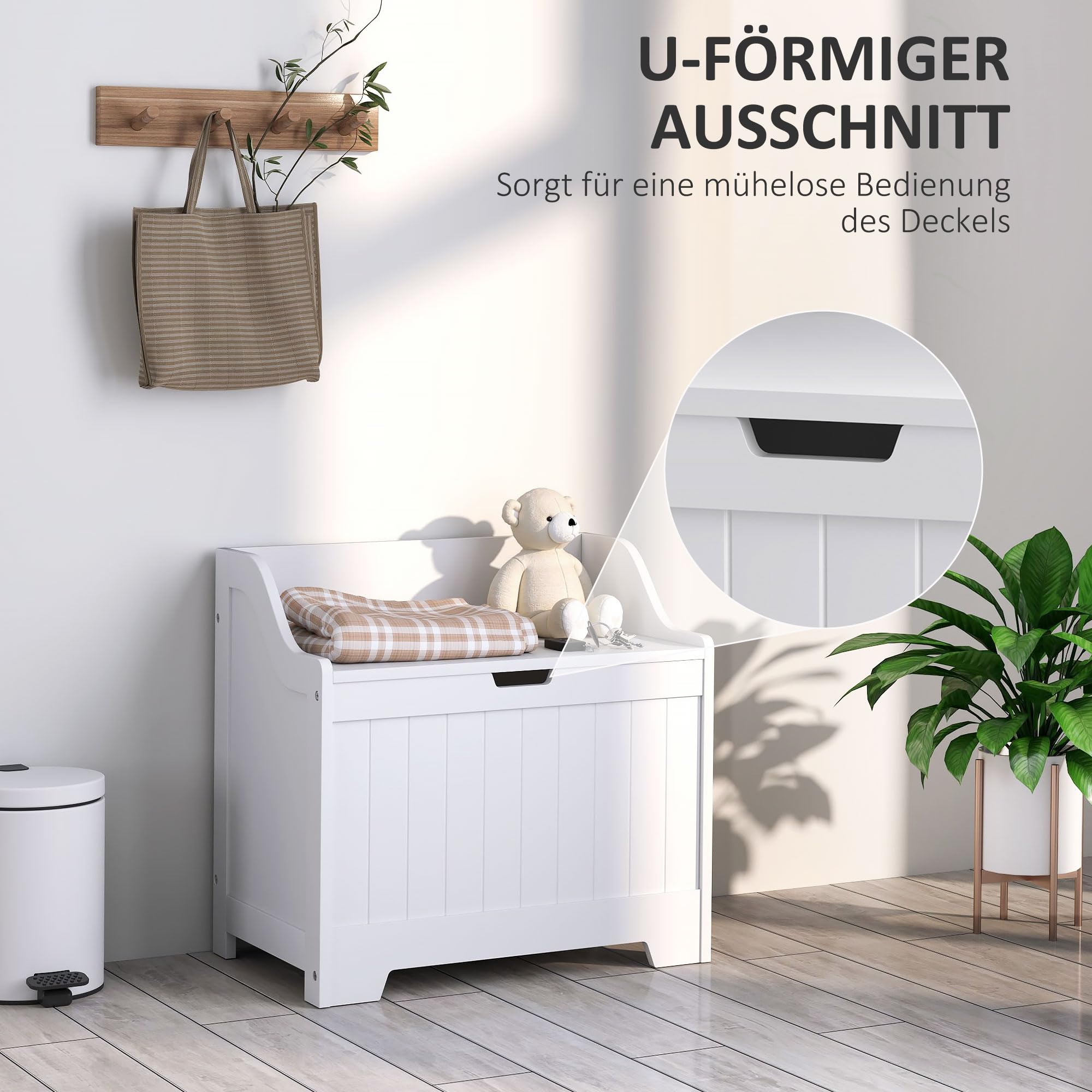 HOMCOM Truhe, Aufbewahrungsbox mit Deckel, Auflagenbox Aufbewahrungstruhe, Spielzeugtruhe, Gerätetruhe, für Wohnzimmer, Schlafzimmer, Weiß, 56,5 x 38 x 56 cm