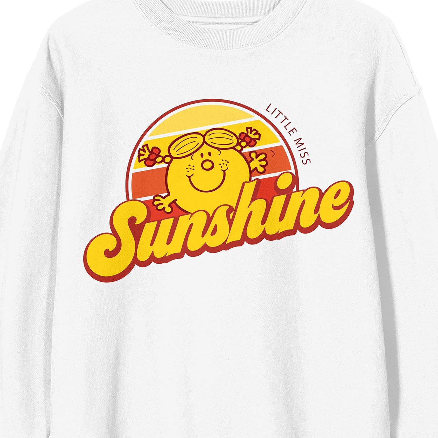 Bioworld Mr. Men And Little Miss Classic Little Miss Sunshine Crew Neck Long Sleeve White Adult Sweatshirt