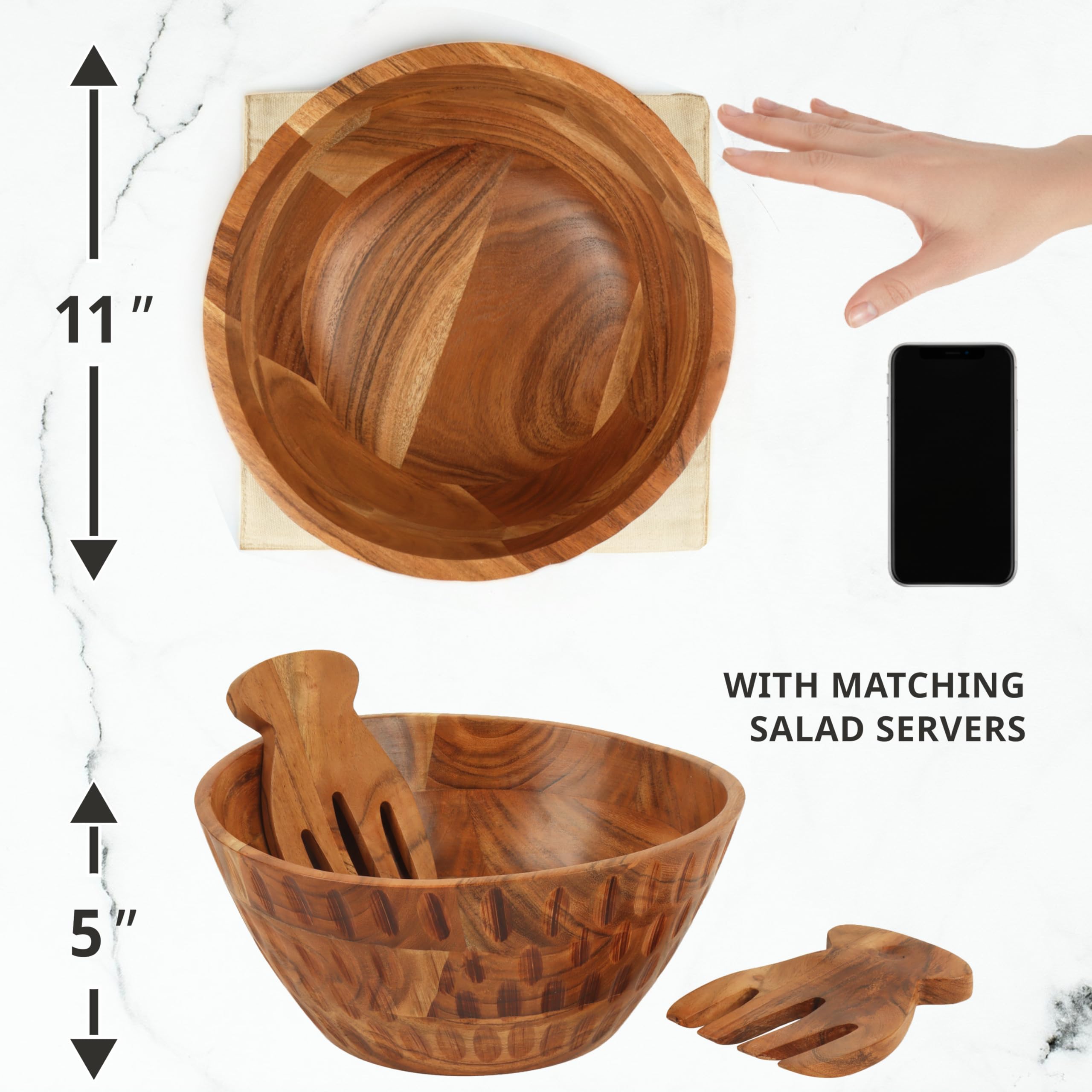 Juego de ensaladeras de madera – Acacia, cuenco de madera de 11 pulgadas con manteles individuales de yute y utensilios de servir, cuenco grande para encimera de cocina, decoración