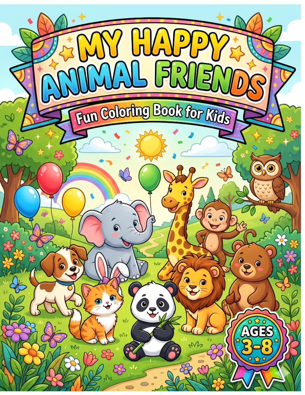 My Happy Animal Friends: Cute Animals, Easy Coloring Pages, Creative Activities for Boys & Girls, Ages : 3-8