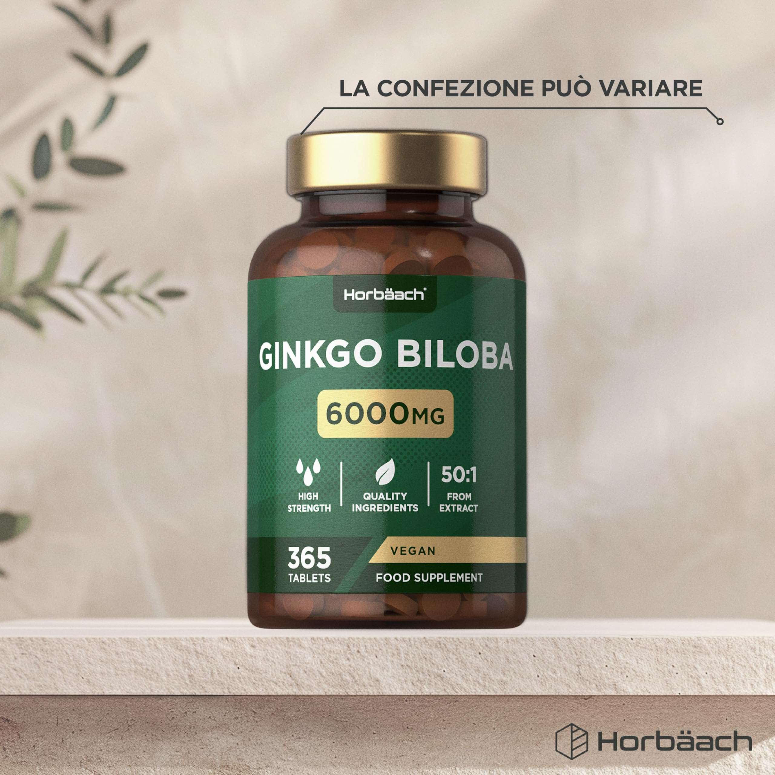 Ginkgo Biloba 6000mg | 365 Compresse Vegane (1 Anno) | Estratto 50:1 ad Alto Dosaggio | Ginkgo Biloba Forte (non capsule) | Facile da Deglutire | Horbaach