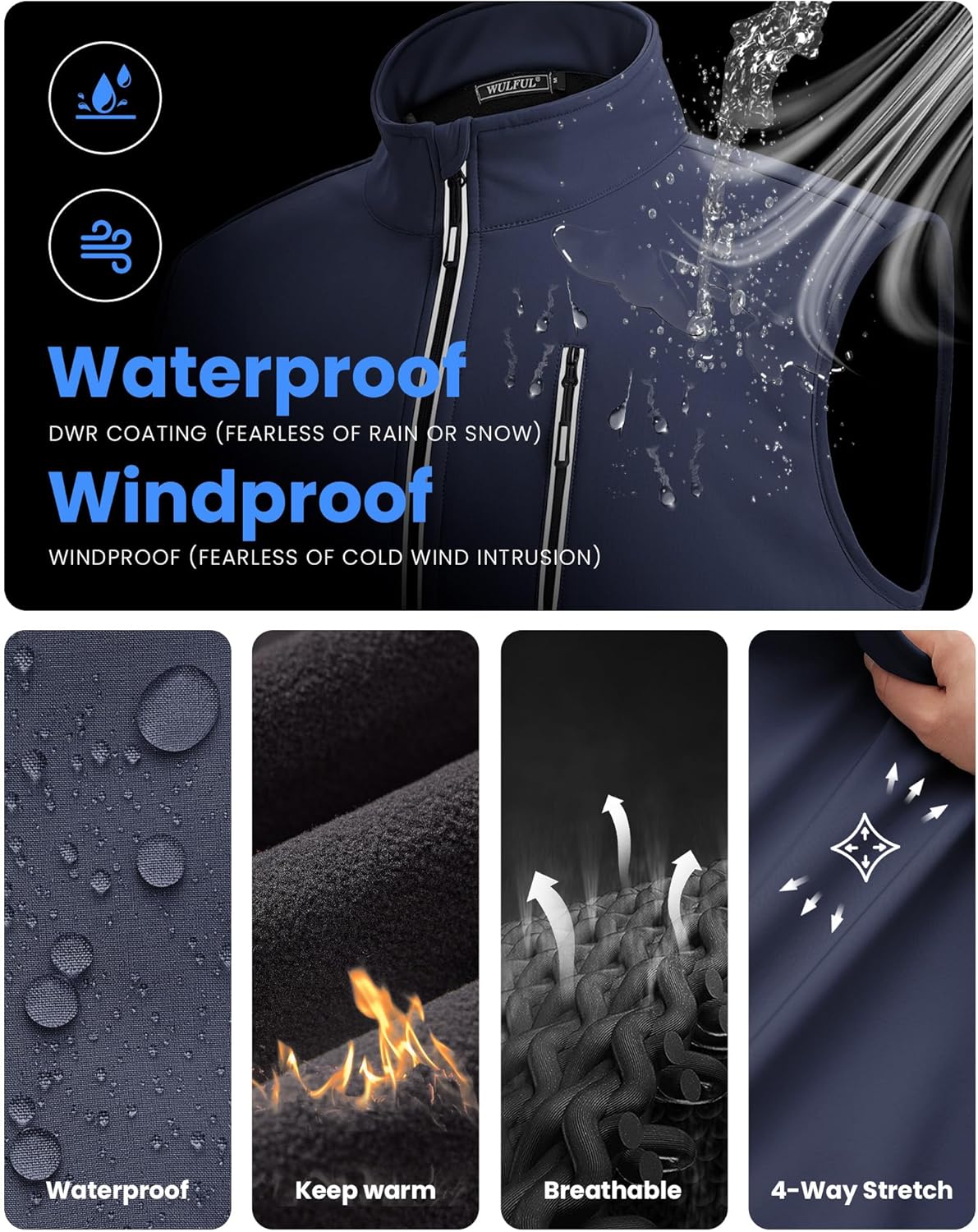 WULFUL Men's Windproof Lightweight Golf Vest Outerwear with Pockets, Softshell Sleeveless Jacket for Travel Hiking Running - Image 4