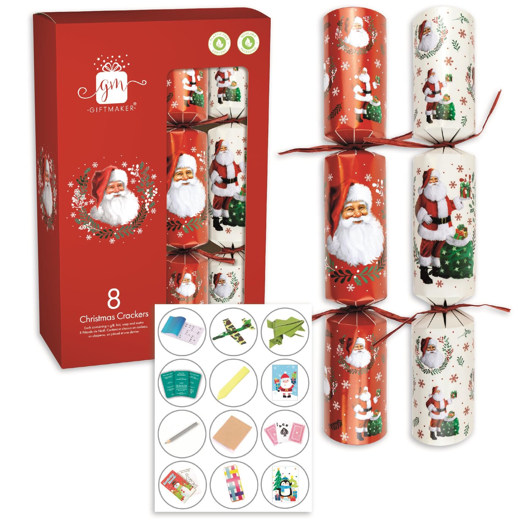 Giftmaker Pack 8 Red & White Santa Design Novelty Family Christmas Crackers 29cm