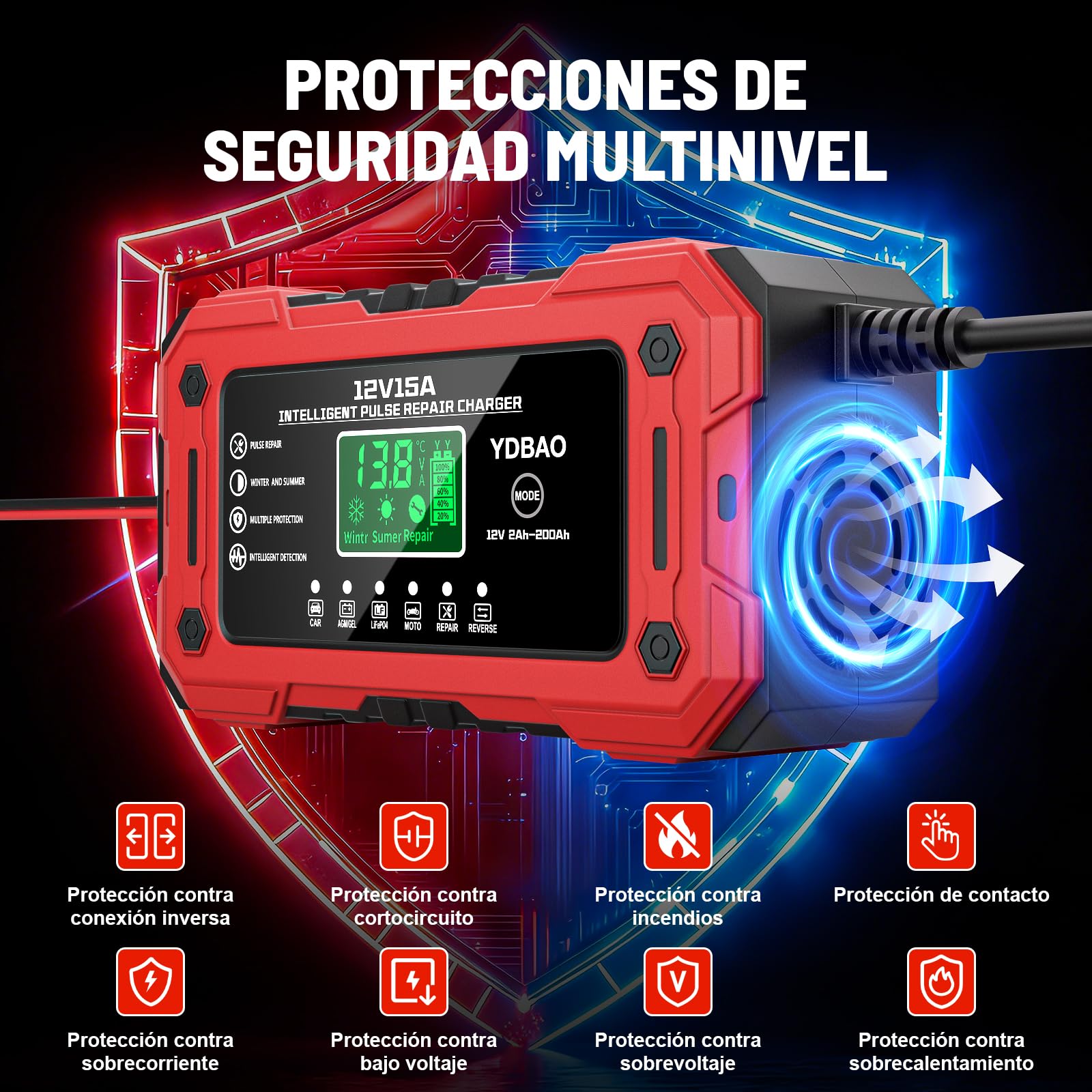 YDBAO 12V 15A Cargador de Batería de Coche Cargador Baterias Coche y Moto Inteligente con Reparación y Pantalla LCD y Múltiples Protecciones Cargador bateria para Coche Moto AGM SLA Gel LiFePO4