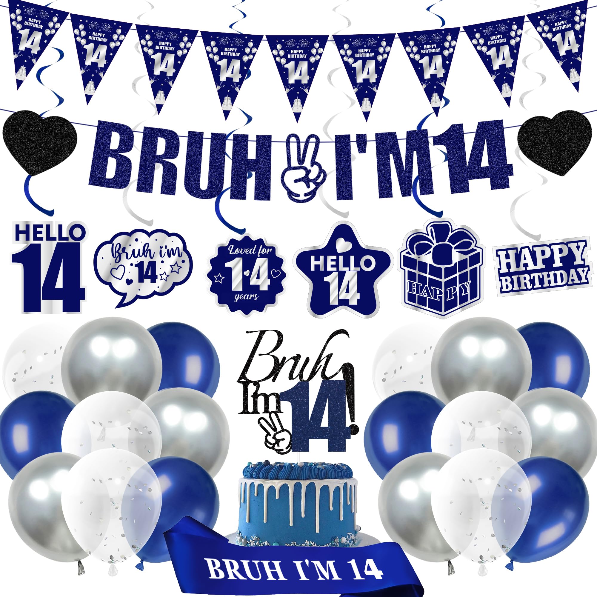 14th Birthday Decorations Balloons Boys - 28 Pcs Blue Bruh I'M 14 Banner Swirl Hangings Latex Confetti Balloons Sash Cake Topper for Kids Boy 14 Years Old Birthday Party Decor Supplies