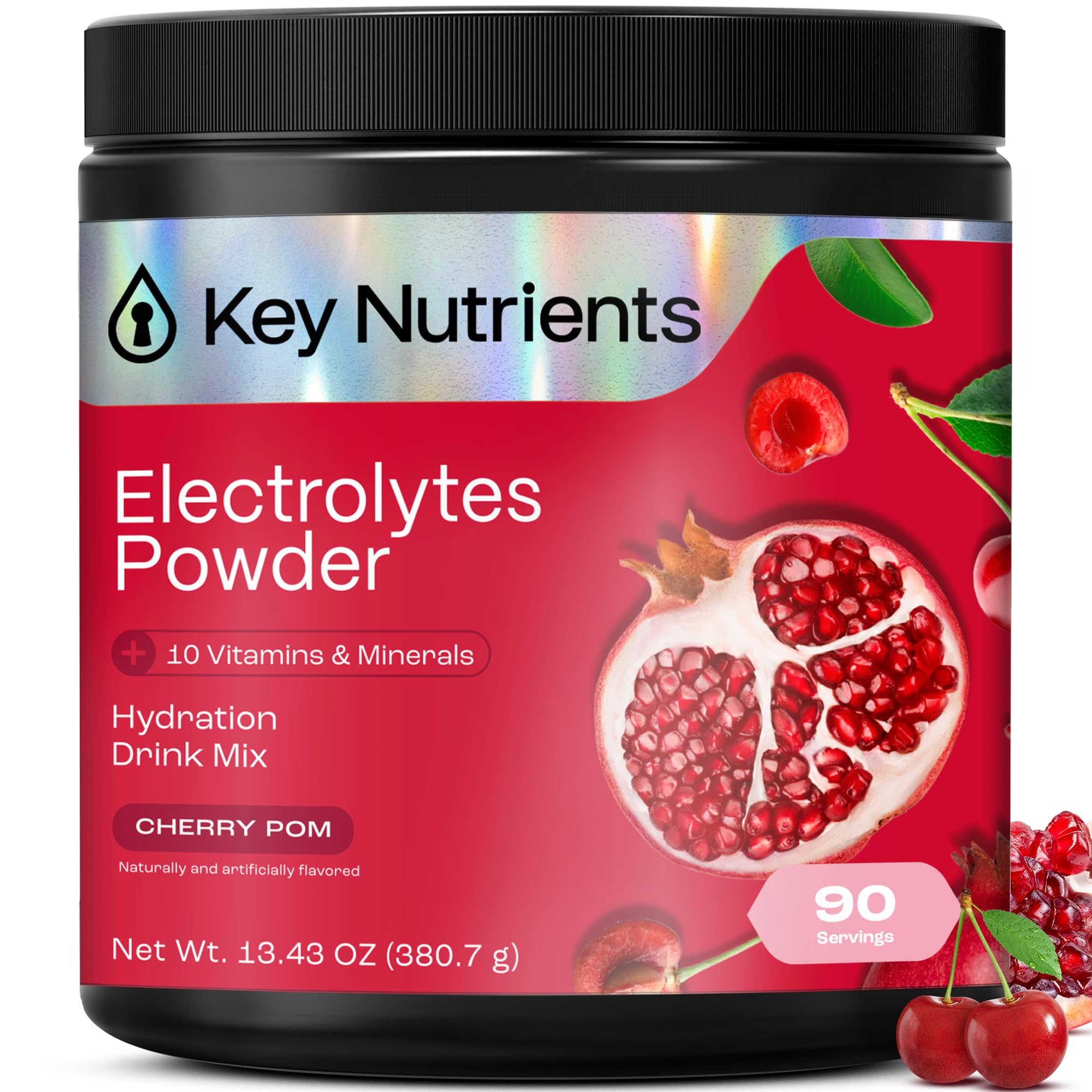 KEY NUTRIENTSMultivitamin Electrolytes Powder No Sugar - Sweet Cherry Pom Electrolyte Powder - Endurance & Energy Supplement - Hydration Powder - No Calories - 90 Servings - Made in USA