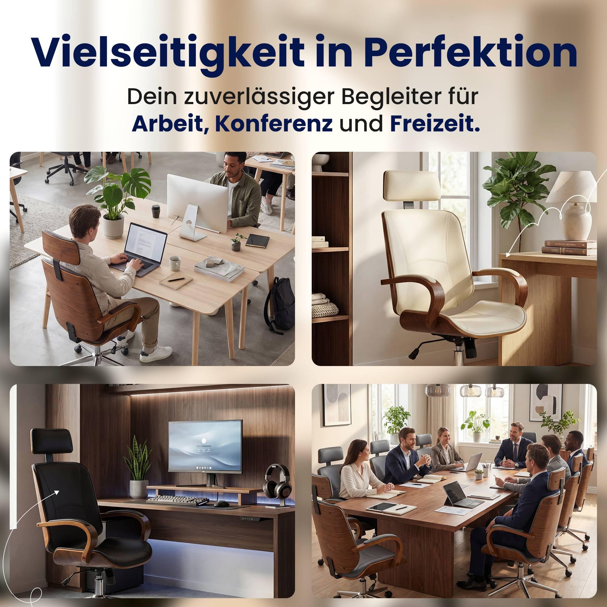 CLP Bürostuhl Dayton mit Kopfstütze, höhenverstellbarer Drehstuhl aus Kunstleder, Wippfunktion belastbar bis 150 kg, Farbe:walnuss/weiß