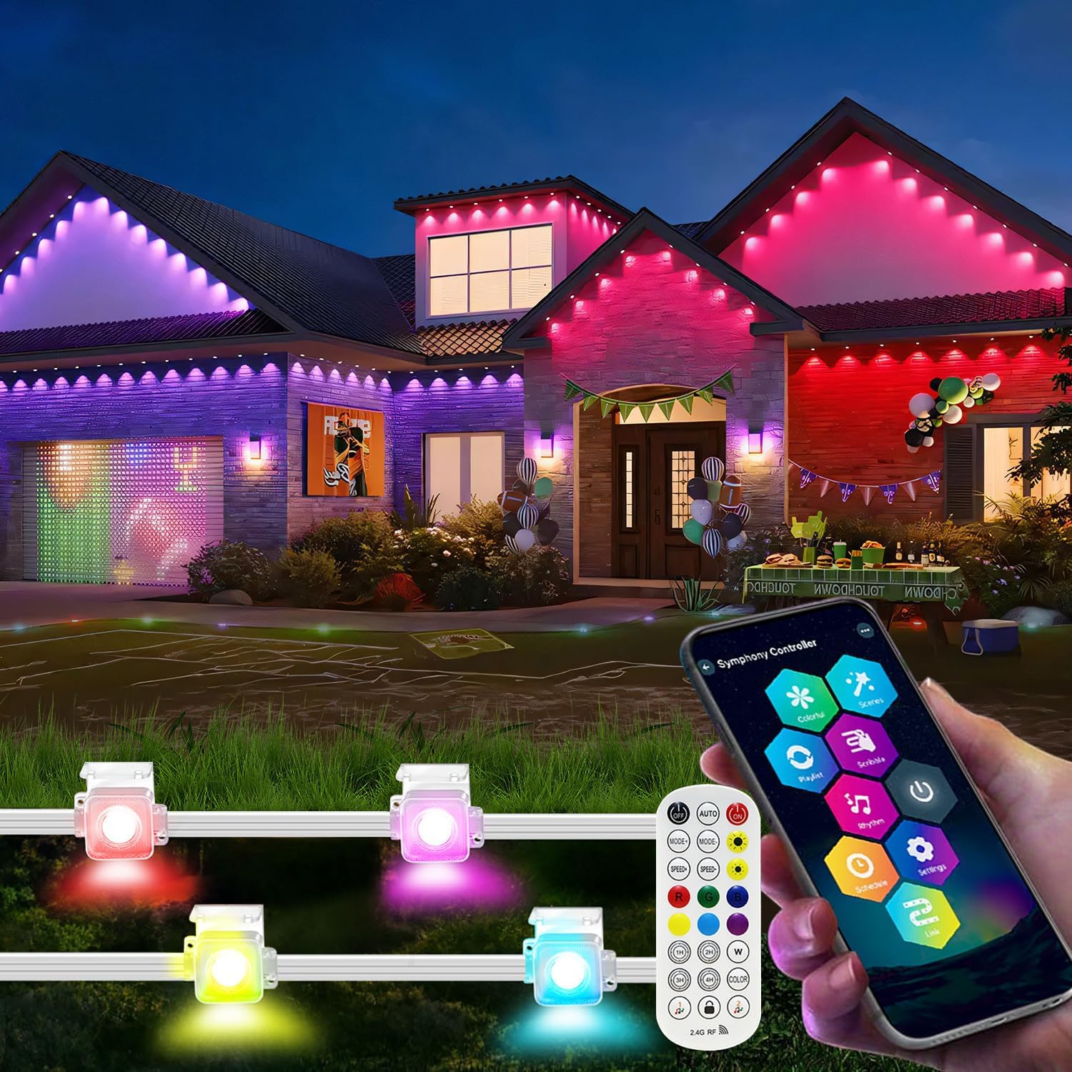 Permanent Outdoor Lights, 100Ft IP67 Waterproof Smart RGB Outdoor Eaves Lights with App/Remote Control, DIY Scene Mode, Accent Lighting for Outside Roofline, Garden, Party, Holiday Xmas Decor.
