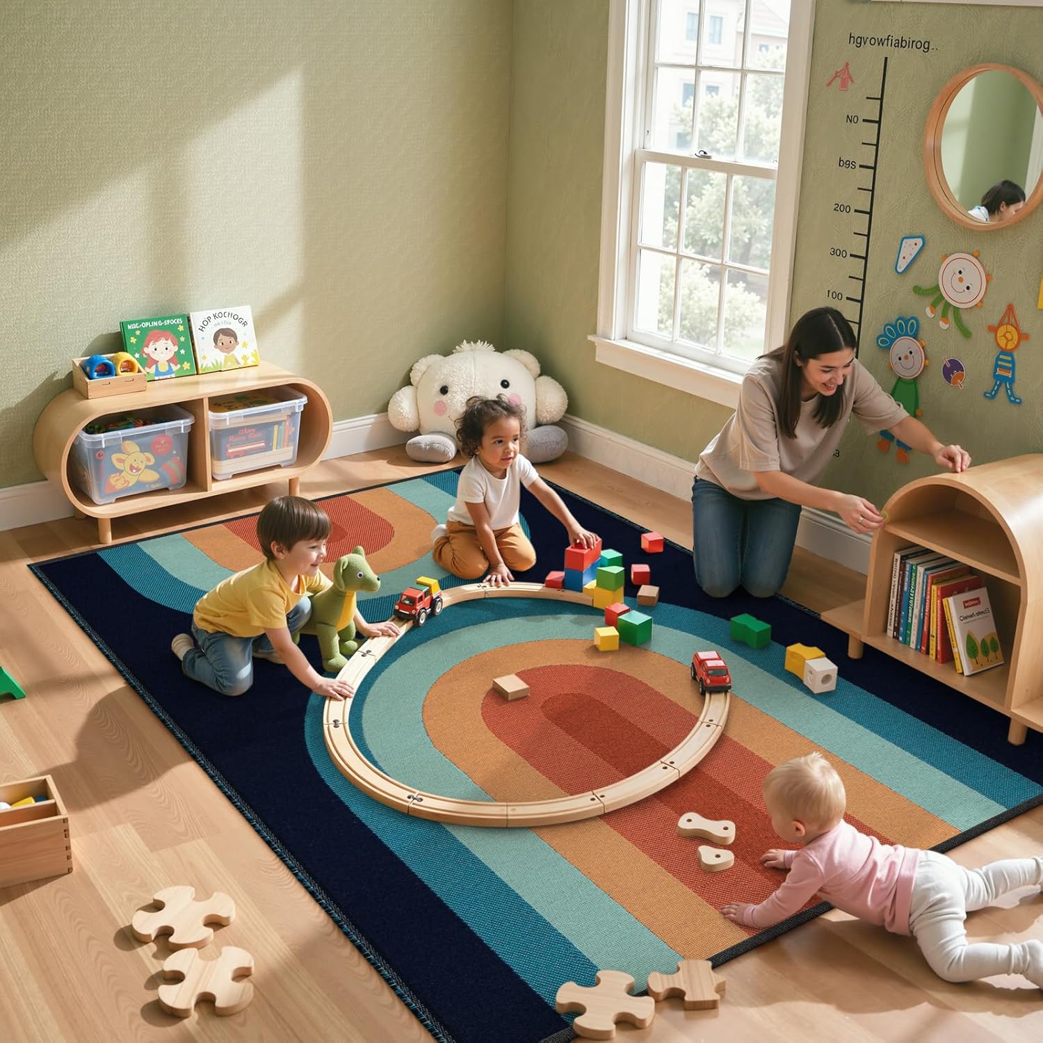 Lahome Boho Washable Kids Rugs 5x7, Ultra-Thin Rainbow Woven Playroom Rugs for Kids Bedroom Dining Room, Cotton Reversible Classroom Rug for Nursery Office (5'x7', Blue)