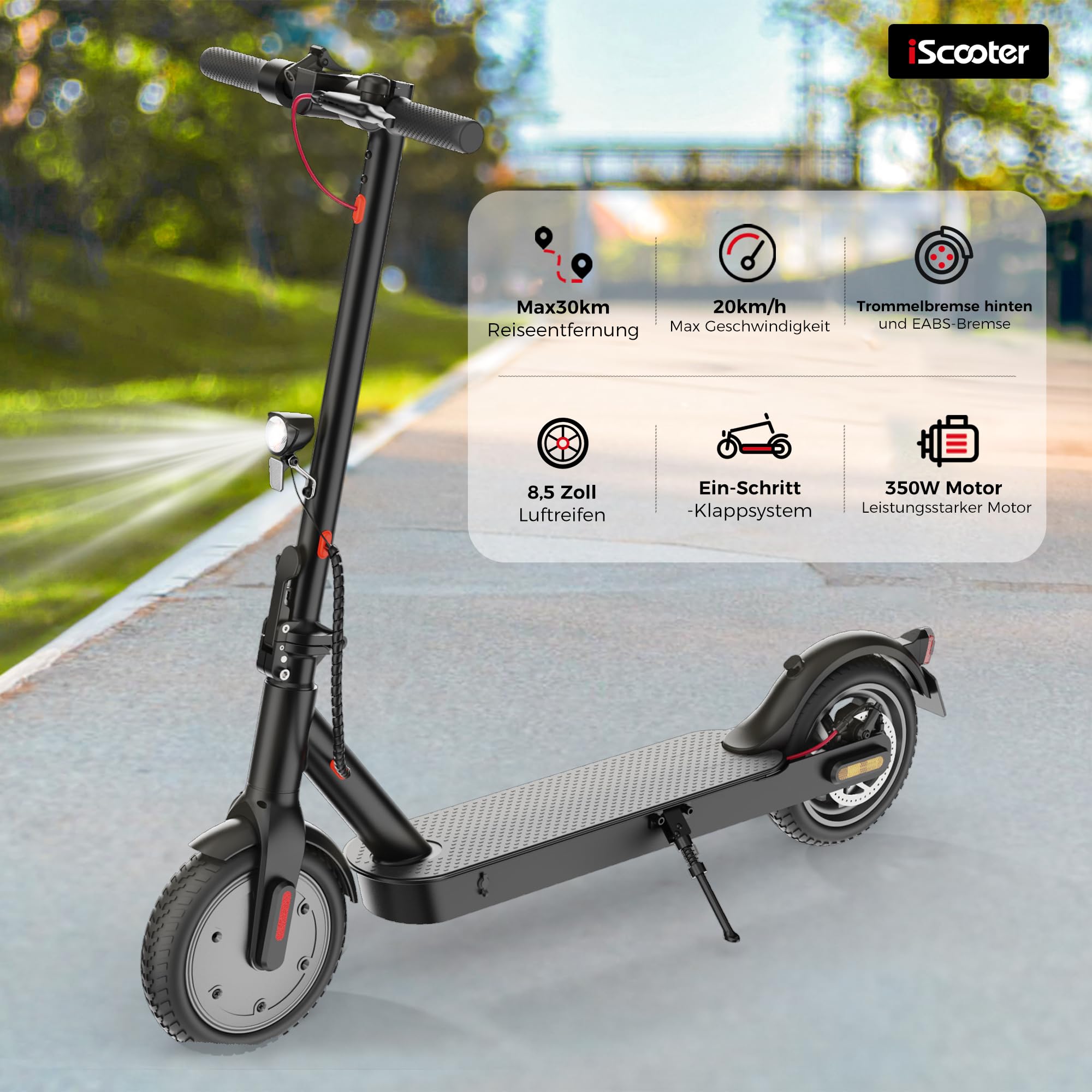 iScooter E Scooter mit Straßenzulassung, ABE Elektroroller Belastung bis 120kg, 30 km Reichweite, LED, 20km/h, 350W Motor, 8,5 Zoll Wabenreifen,Duales Bremssystem E Roller für Erwachsene