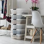 IRIS USA 26 L Plastic Storage Box with Lid and Latches - 6 Pack - BPA-Free, Discreet Organizing Solution, Durable Nestable Stackable Containers, Secure Pull Handle - Pearl