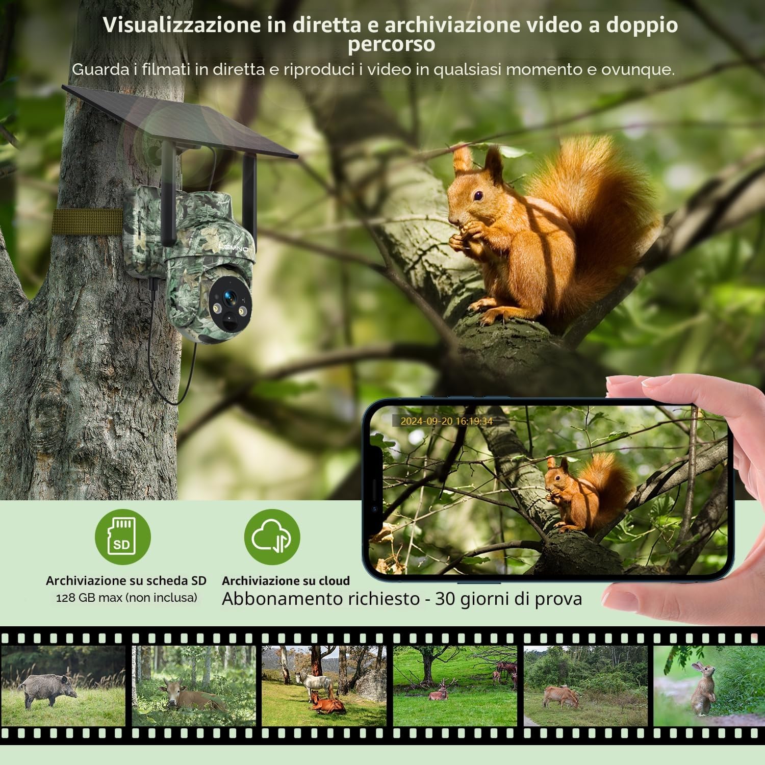 LEMNOI Fototrappola 4G Solare con SIM Preinstallate, Fotocamera da Caccia con Pannello Solare, Telecamera Esterna 2K PTZ Impermeabile con Visione Notturna a Colori, Rilevamento PIR (1 pezzo)