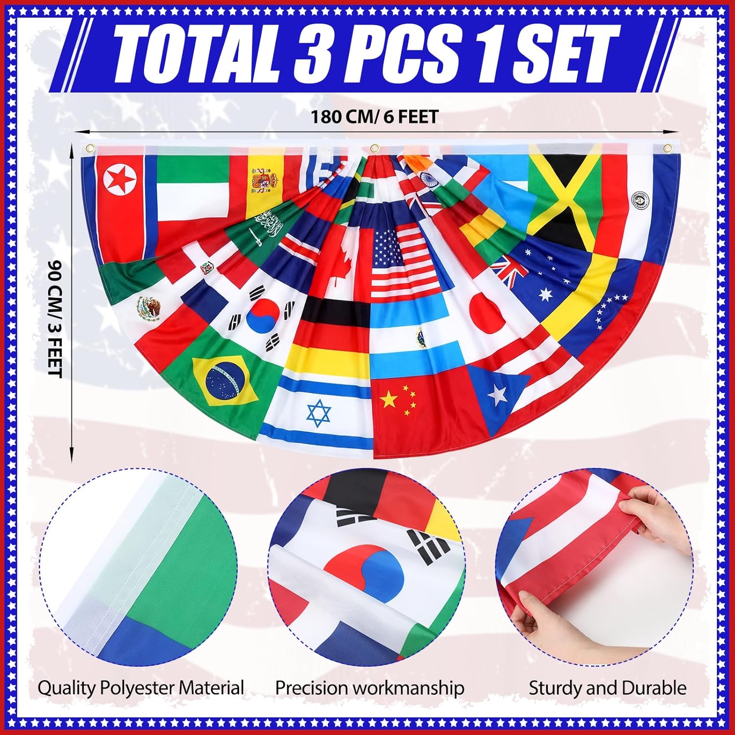 Outus 3 Pcs World Flags Banner 3 x 6 ft International World Flag Decorations Country Bunting Nations Pleated Fan Bunting Backdrop for International Sports Events Club Events Grand Opening Decor