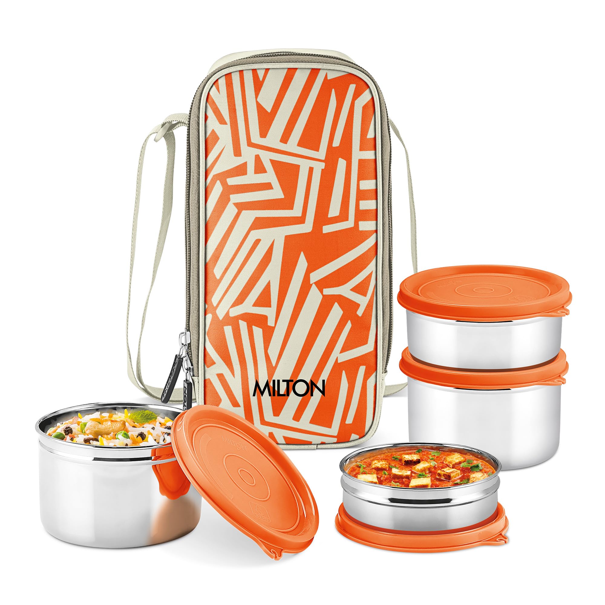 Milton Stack Pack 4 Stainless Steel Lunch Box (2 X 350 + 2 X 500 ml containers) with Jacket, Leak Proof, Food Grade, Lightweight, Odour Proof, 1 Year Warranty, Ideal for Office, School, Travel, Orange