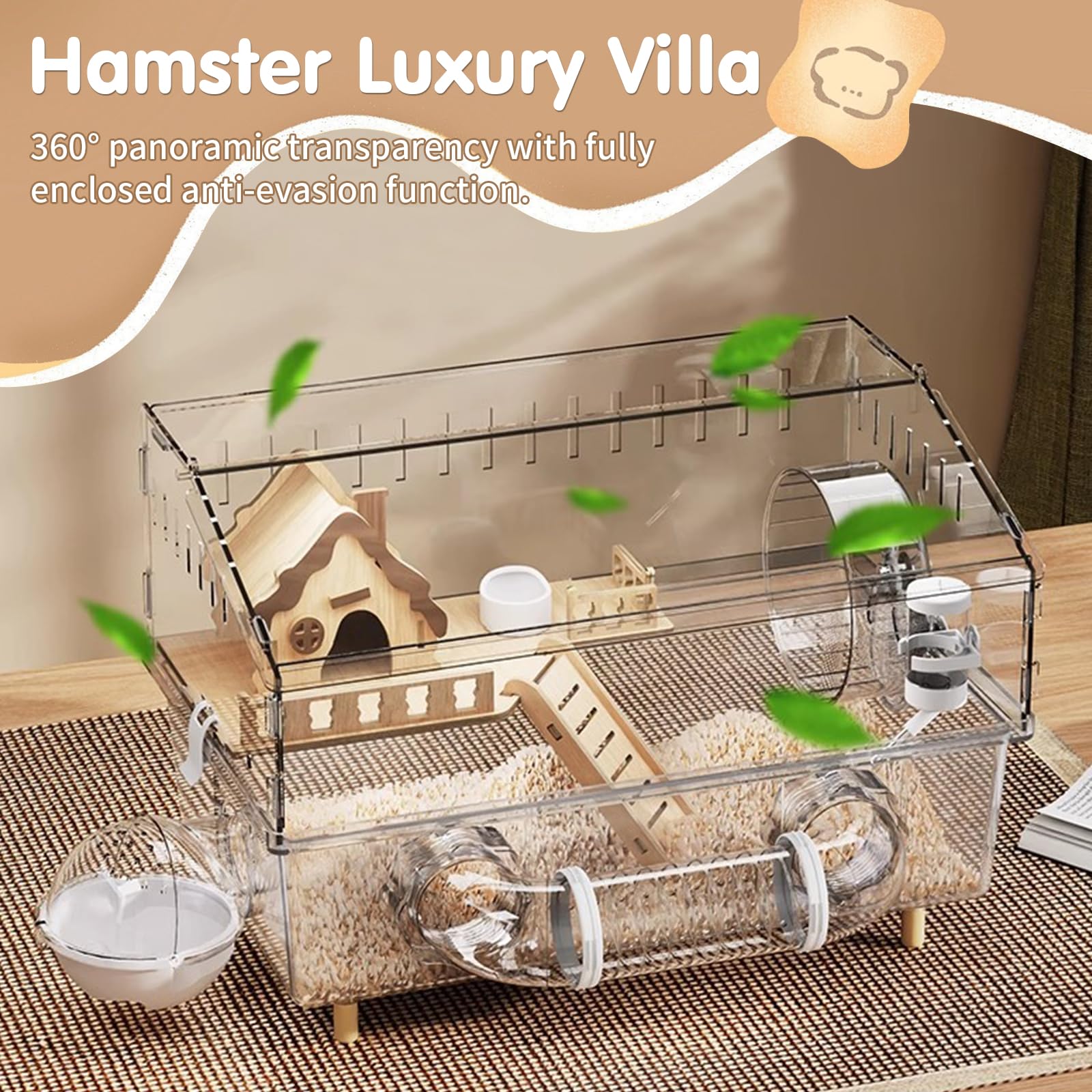 Gabbia per criceti in acrilico con accessori, trasparente gabbia per roditori 45×30×33 cm con ruota, tunnel, casetta in legno, abbeveratoio e ciotola per cibo – Grande gabbia per piccoli animali per