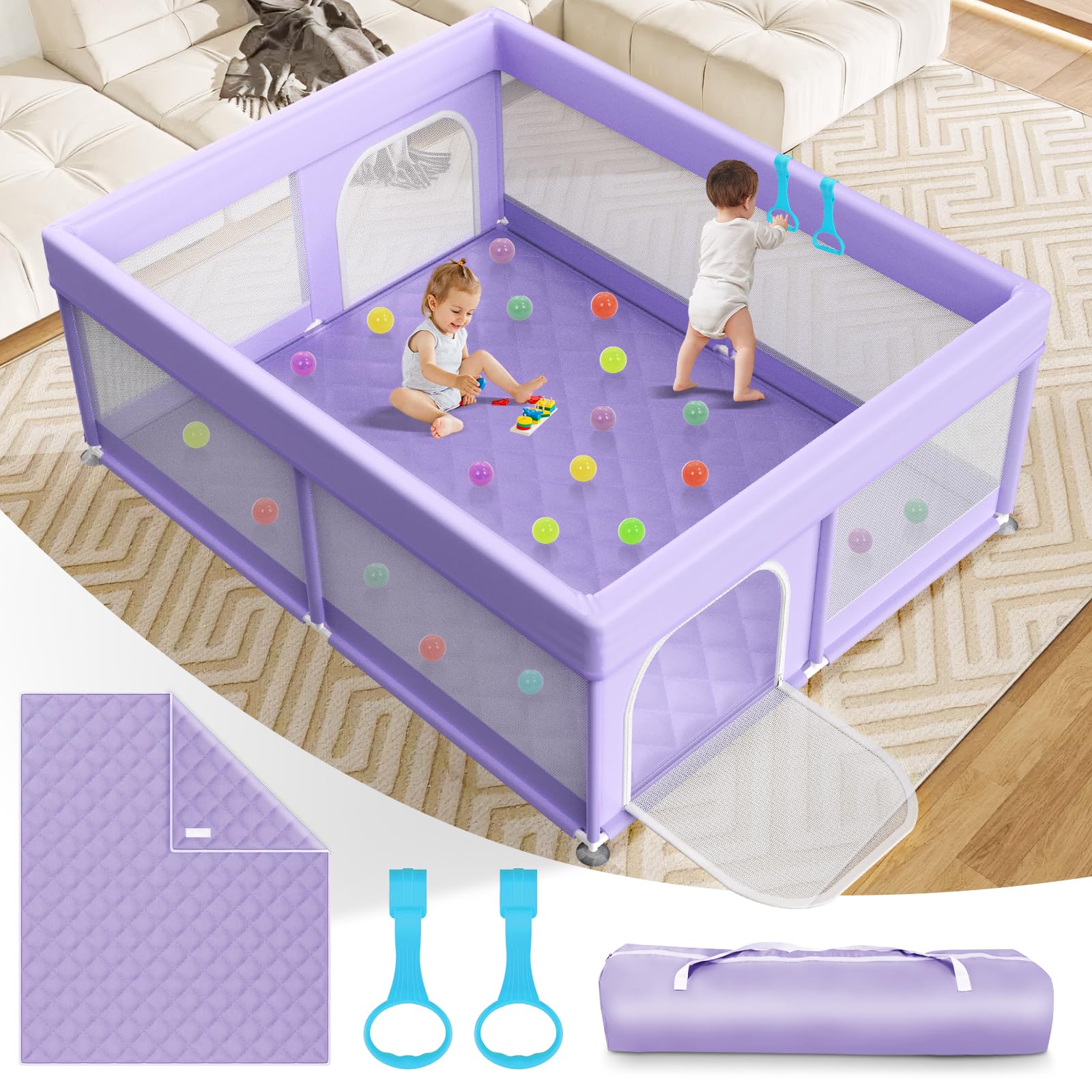 Baby Playpen with Mat - 79"x71" Extra Large Play Pens for Babies and Toddlers Indoor Safety Baby Fence with Soft Breathable Mesh - All-Wrapped Sponge Sturdy Play Yard with Handle & Bag Purple