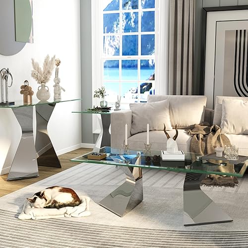 Miniatura 5 de Mesa consola plateada y de vidrio, mesa de entrada de 51 pulgadas con parte superior de vidrio transparente templado, patas de acero inoxidable,